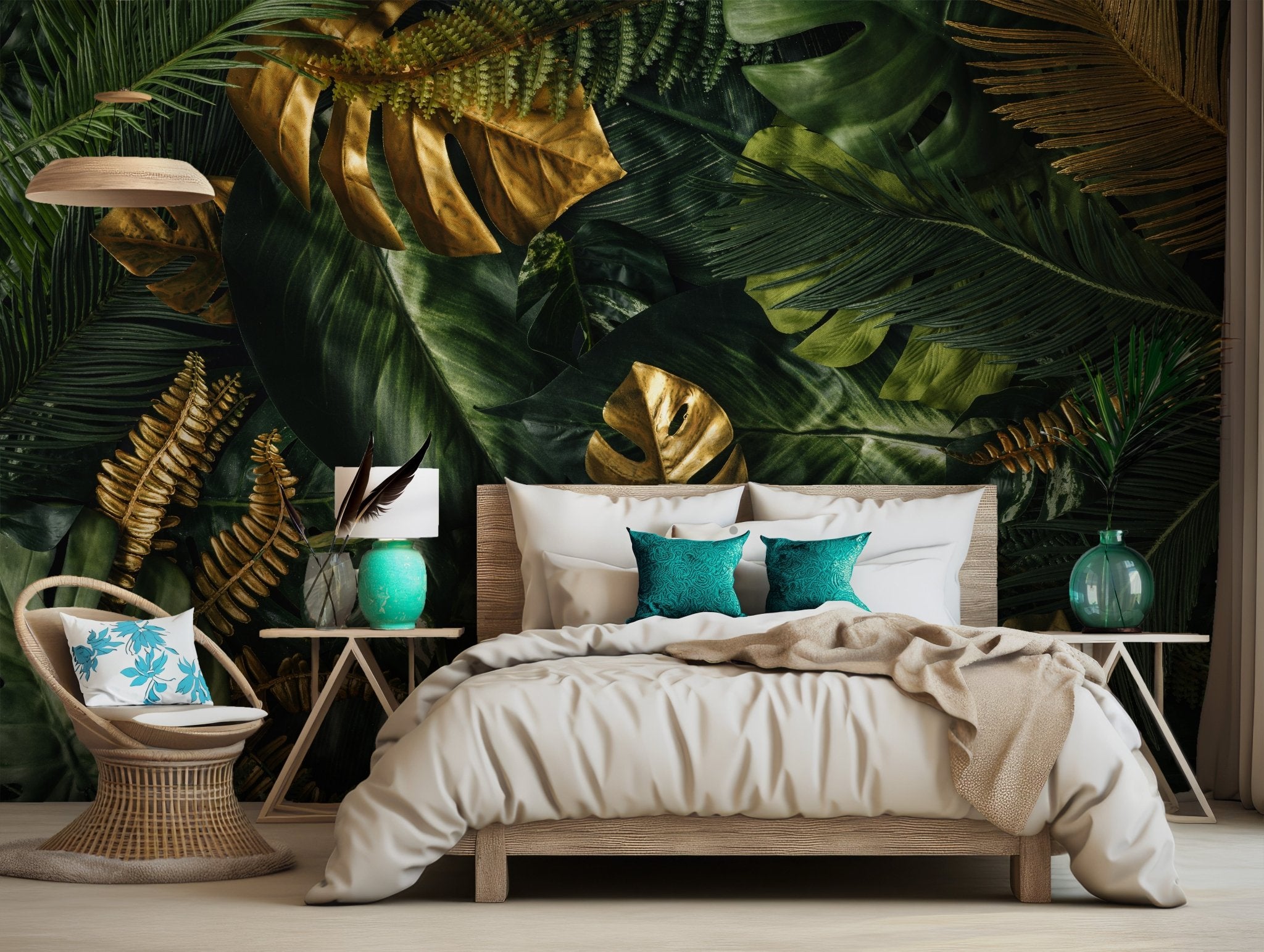Tropical mural design featuring dark green and gold leaf mix printed on high-end removable temporary peel and stick wallpaper.