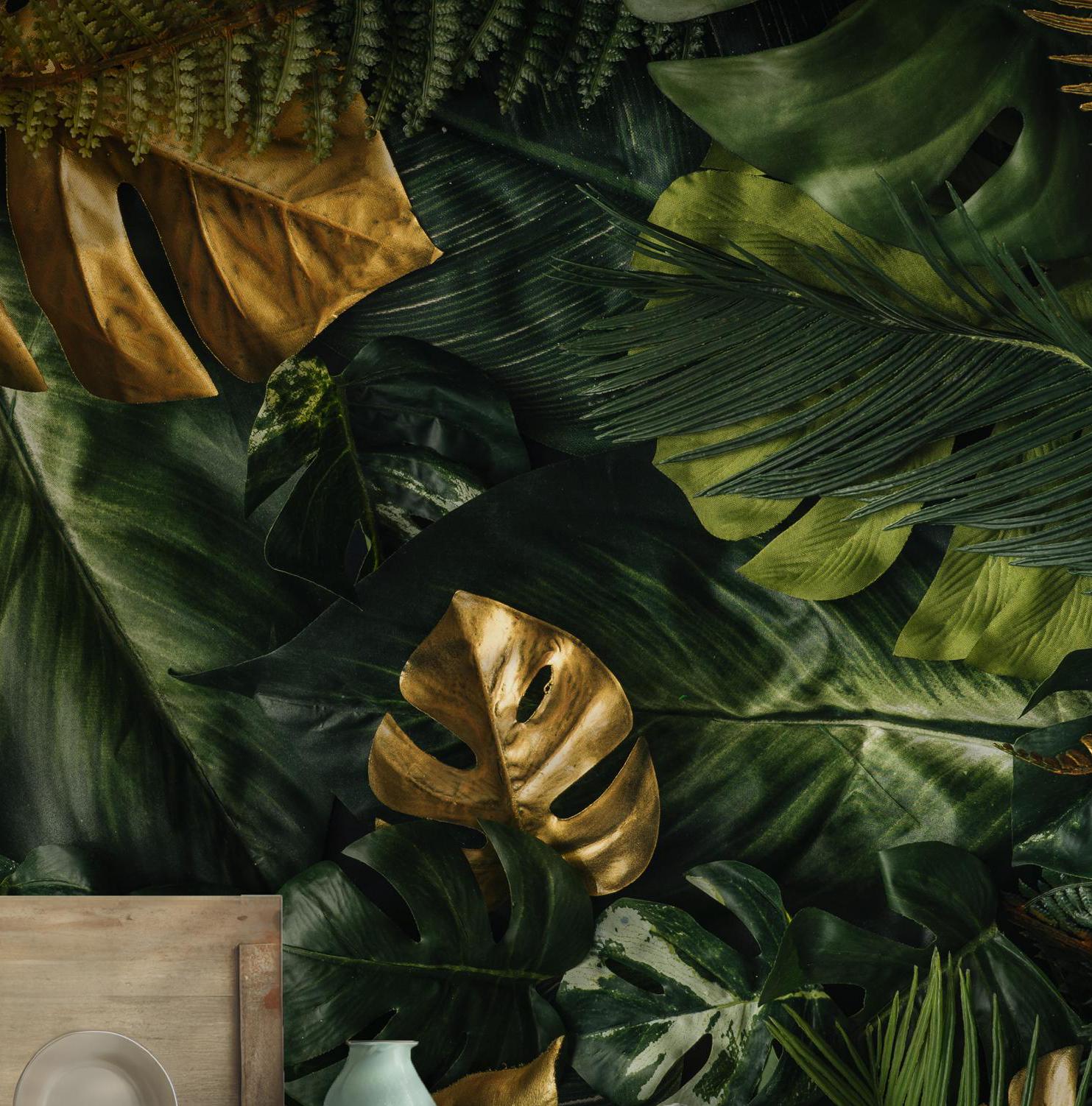 Glamorous botanical art mural in jungle green with golden leaf details on a removable temporary peel and stick wallpaper.