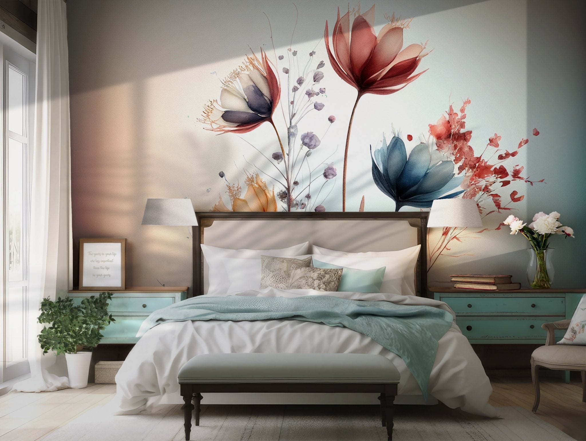 Watercolor Floral Wallpaper - Peel and Stick Wall Mural - Abstract Red Blue Flowers Petals Sprout Soft Pastel BV175