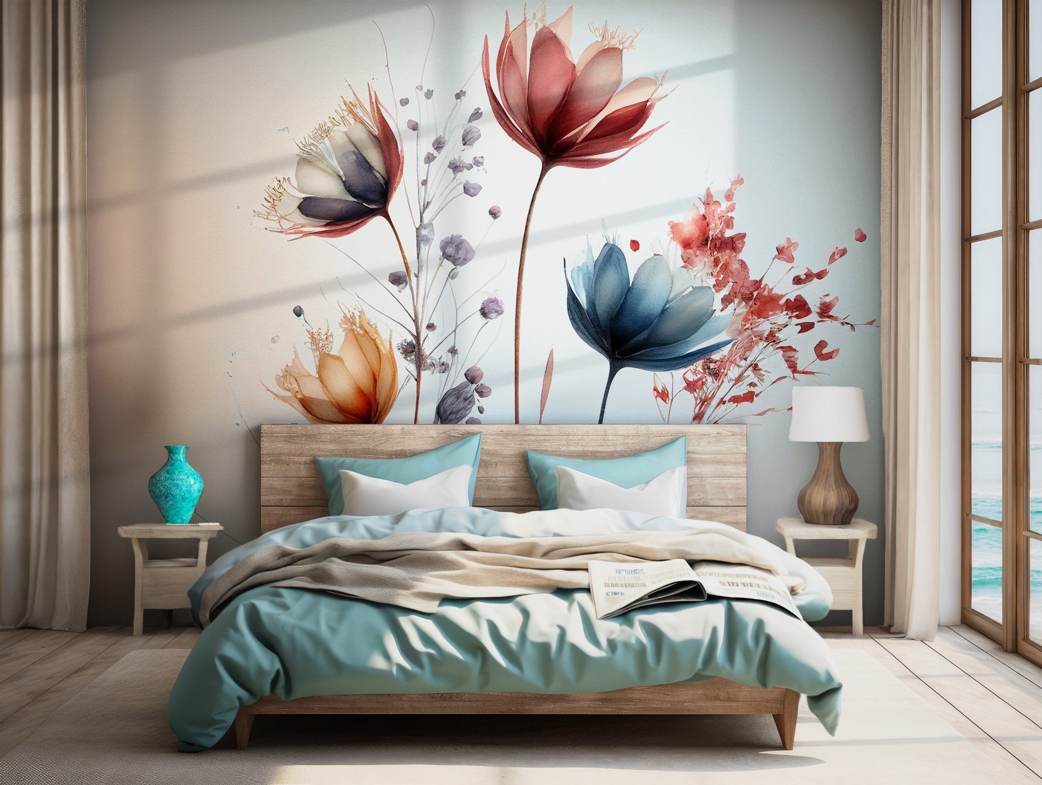 Watercolor Floral Wallpaper - Peel and Stick Wall Mural - Abstract Red Blue Flowers Petals Sprout Soft Pastel BV175