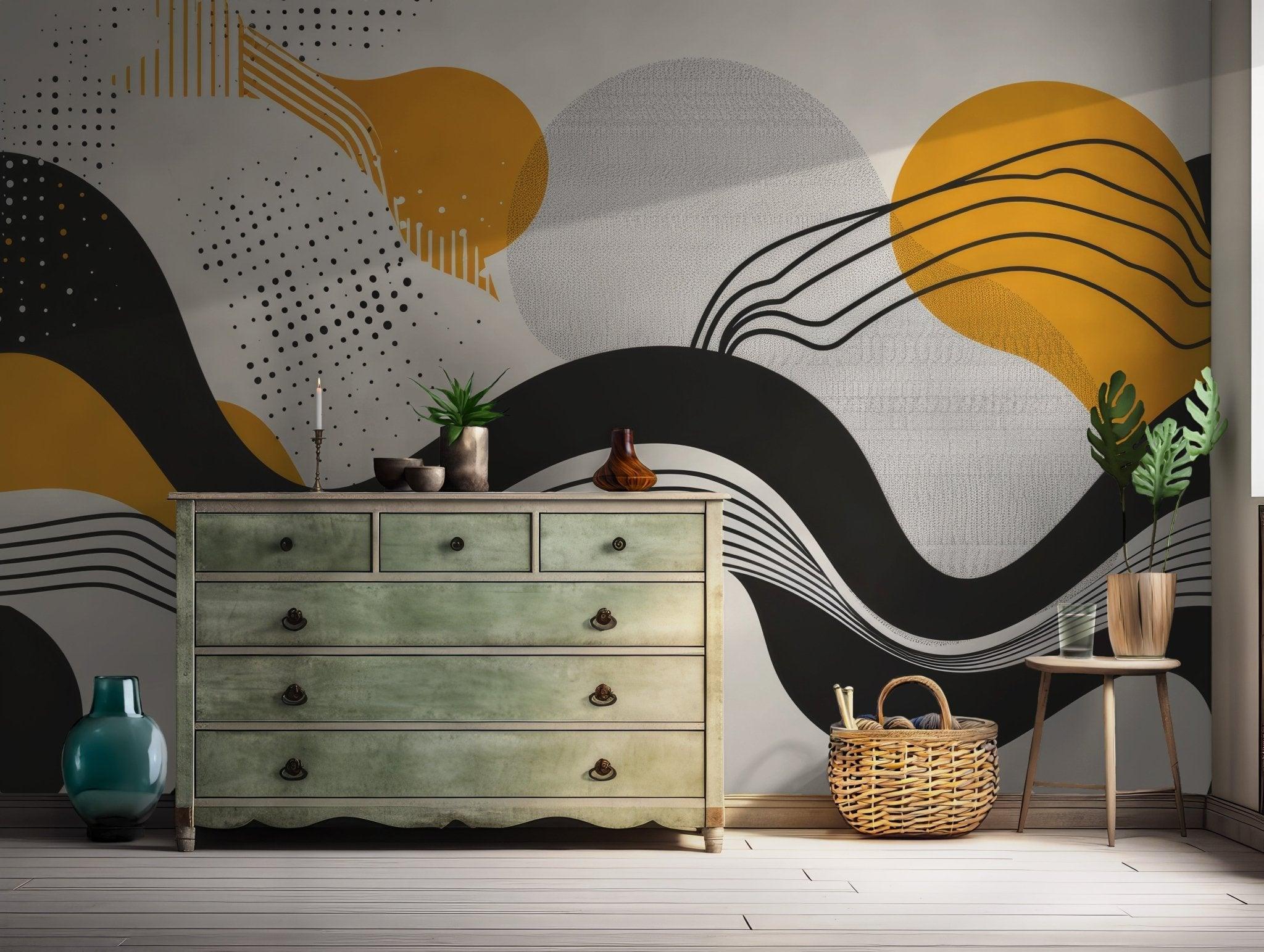 Abstract curved waves in black mustard and white tones create bold retro vibes in this removable peel and stick temporary wallpaper style.