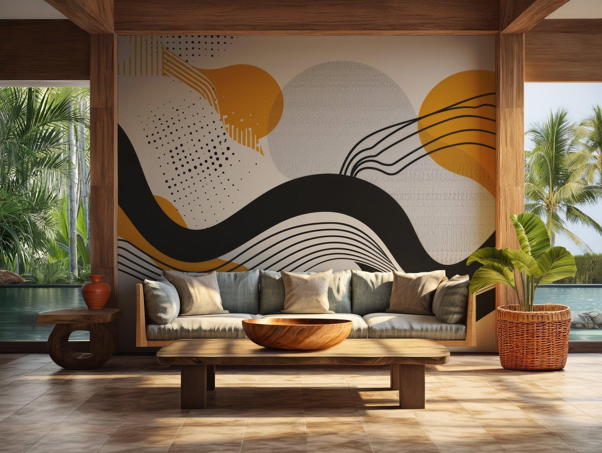 Geometric flow with wave lines and mustard shapes designed for easy temporary peel and stick removable wallpaper for creative spaces.
