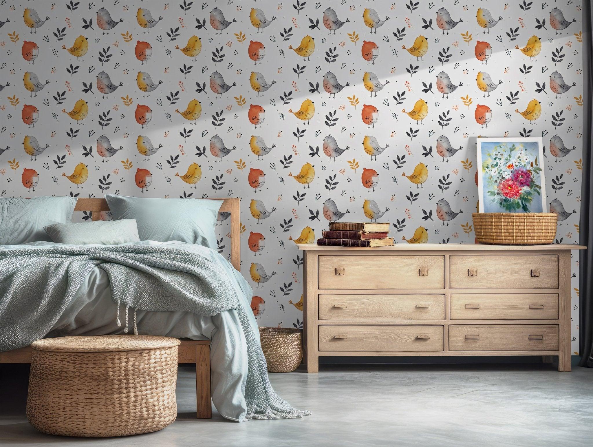 Animal Lovers Peel and Stick Wallpaper - Colorful Birds and Leaves Design BV167