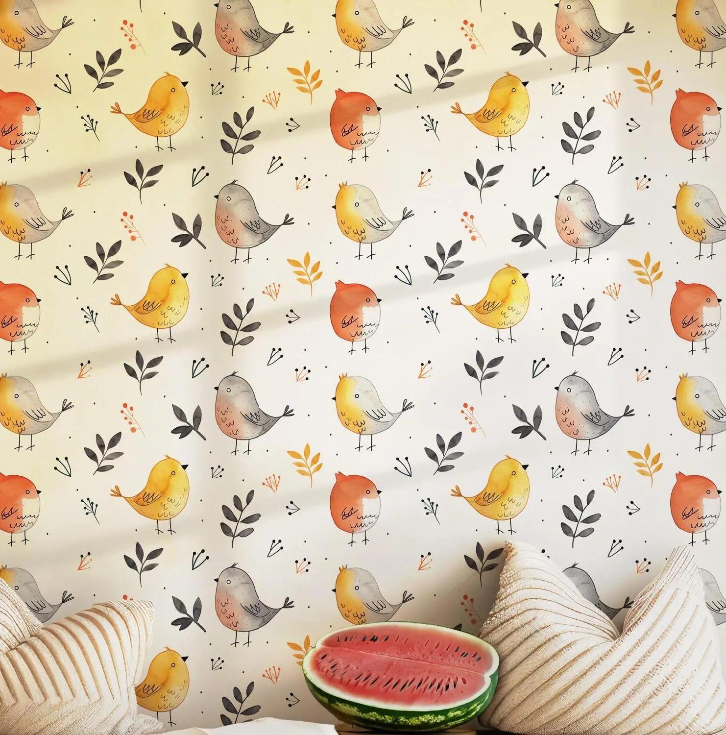 Animal Lovers Peel and Stick Wallpaper - Colorful Birds and Leaves Design BV167