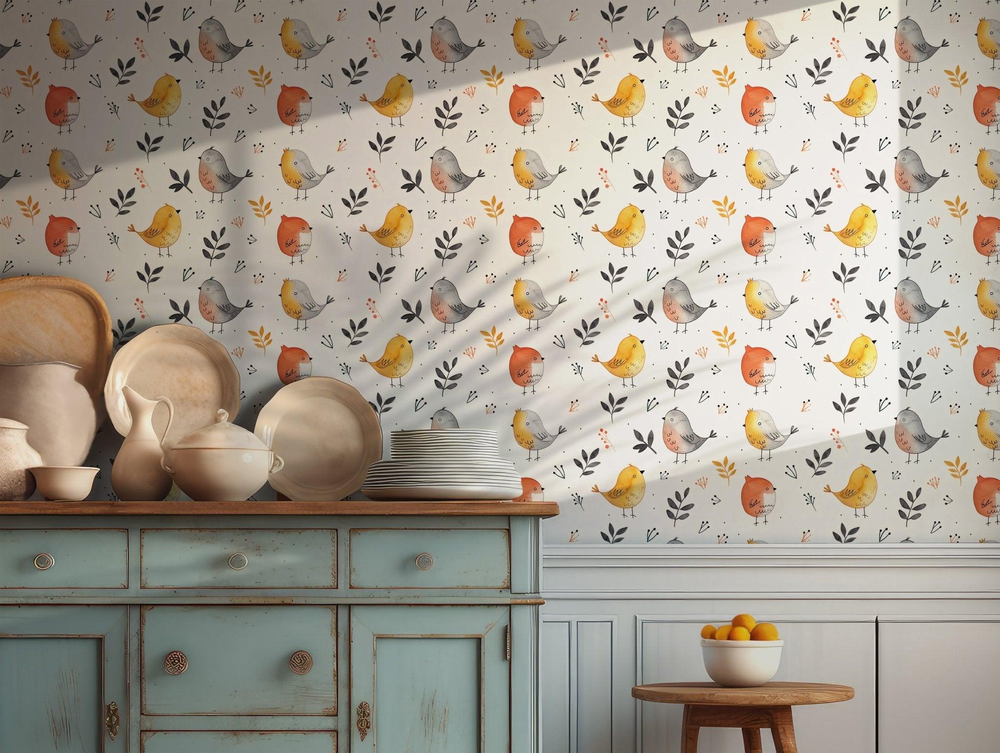 Animal Lovers Peel and Stick Wallpaper - Colorful Birds and Leaves Design BV167