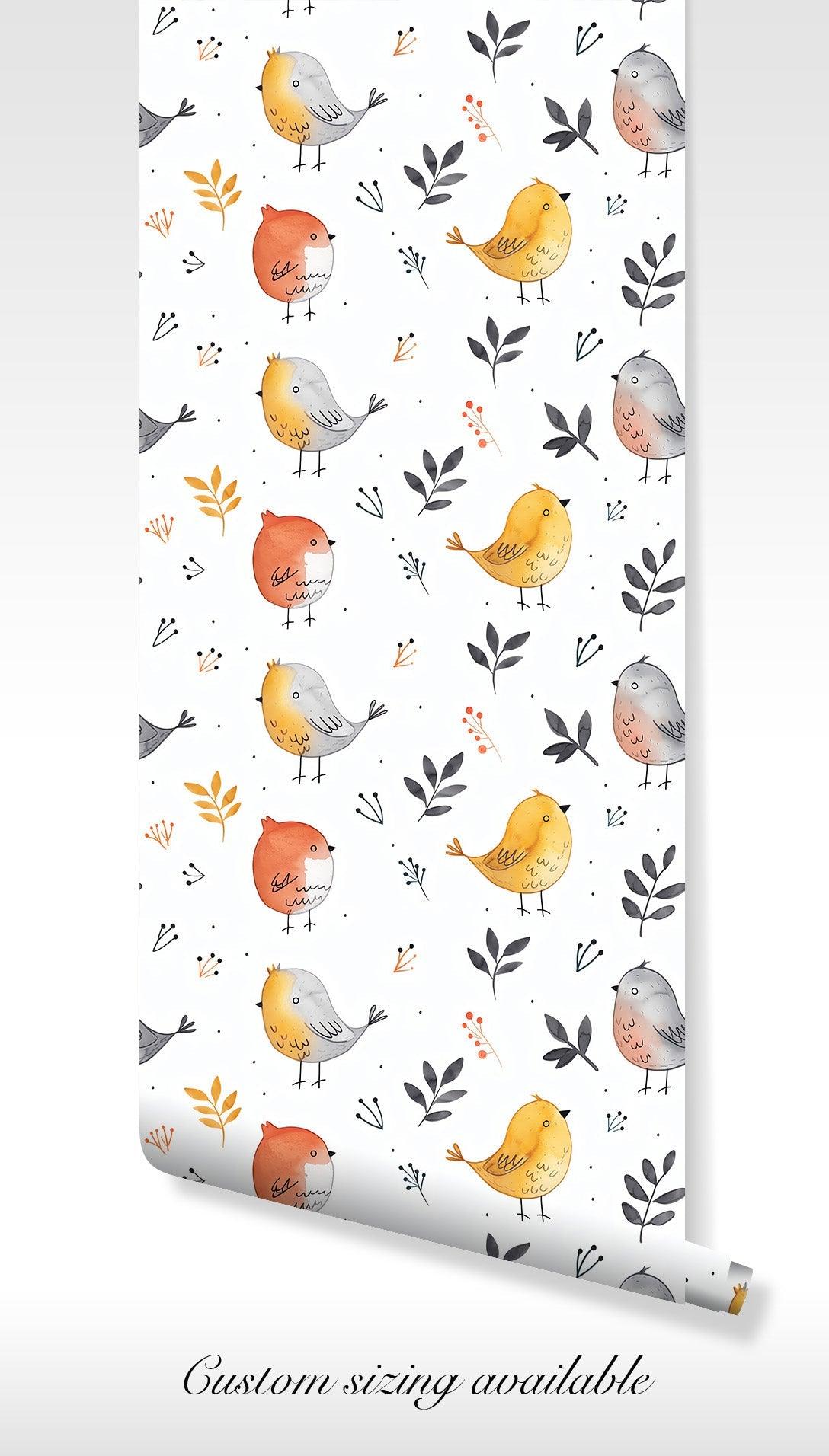 Animal Lovers Peel and Stick Wallpaper - Colorful Birds and Leaves Design BV167