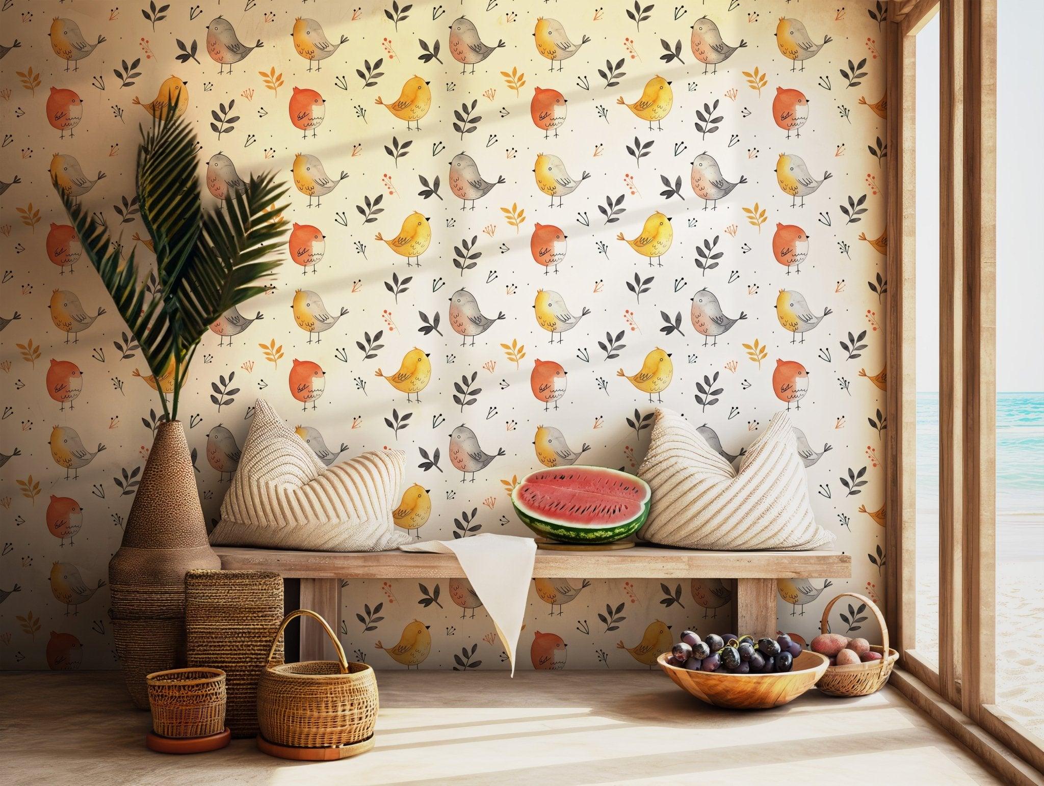 Animal Lovers Peel and Stick Wallpaper - Colorful Birds and Leaves Design BV167