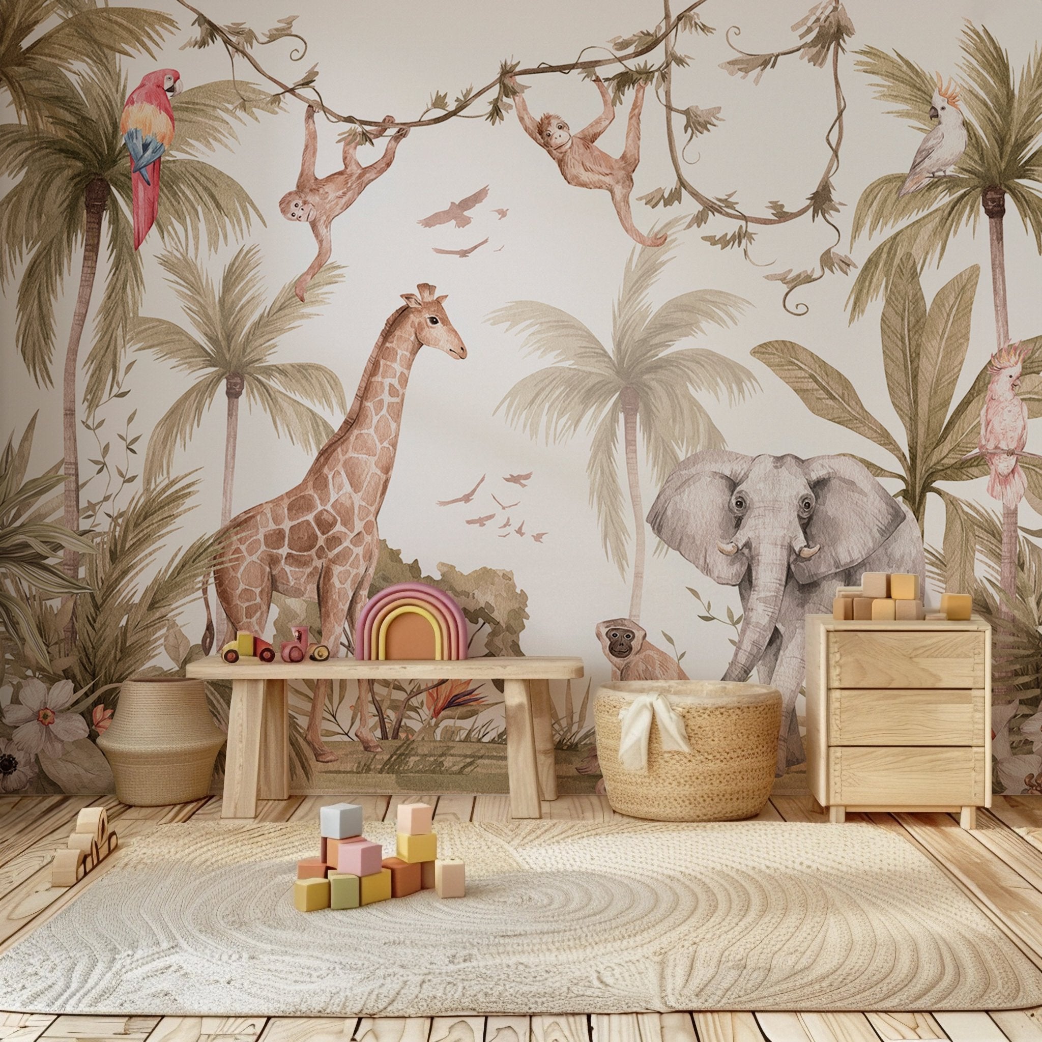 Animal Print Nursery Wall Mural - Safari Peel and Stick Wallpaper Wall Decal - Giraffe Jungle Removable BV355