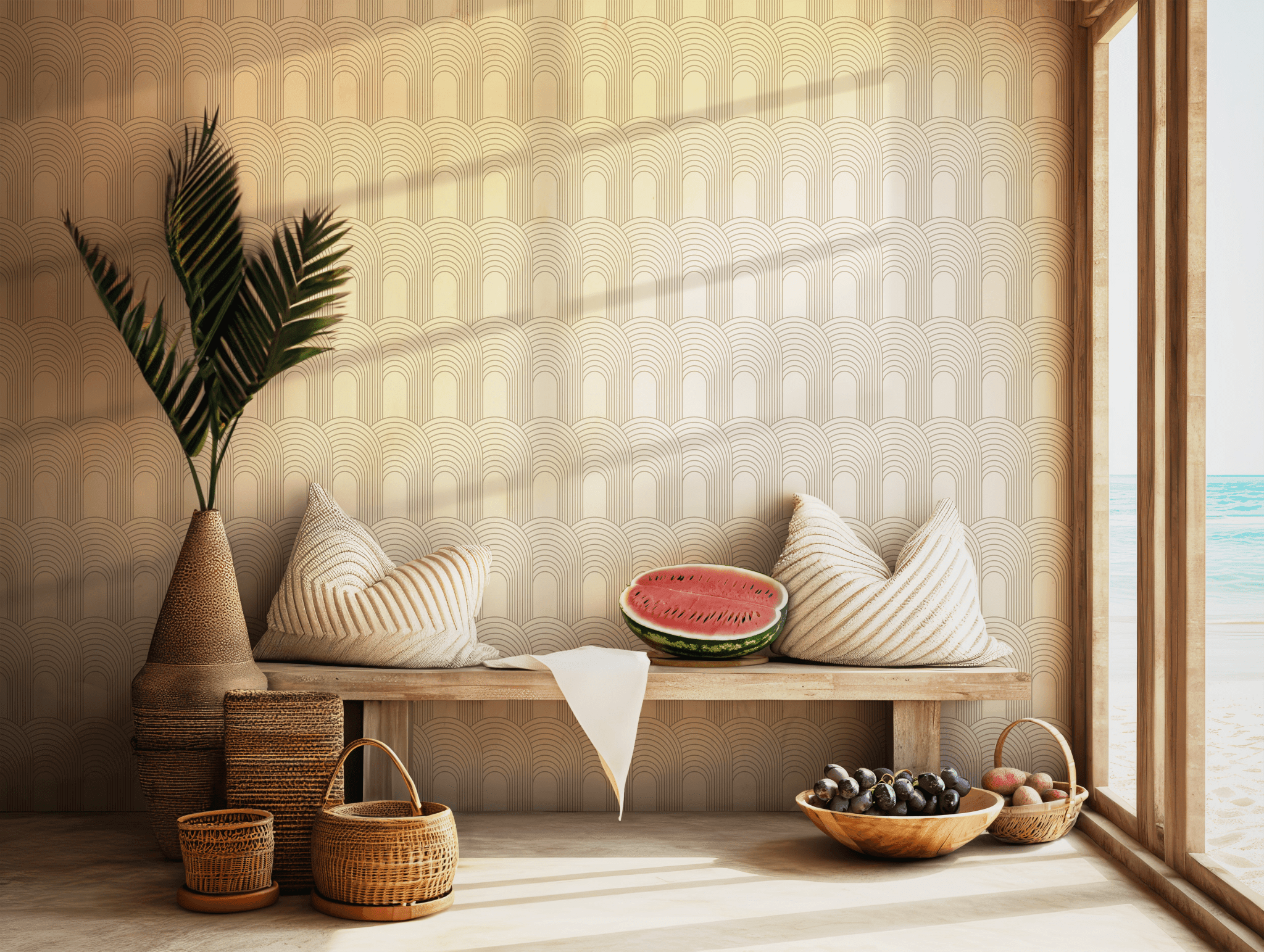 Art Deco Beige Tones Wallpaper - Self Adhesive Peel and Stick - Neutral Arch Geometric BV308