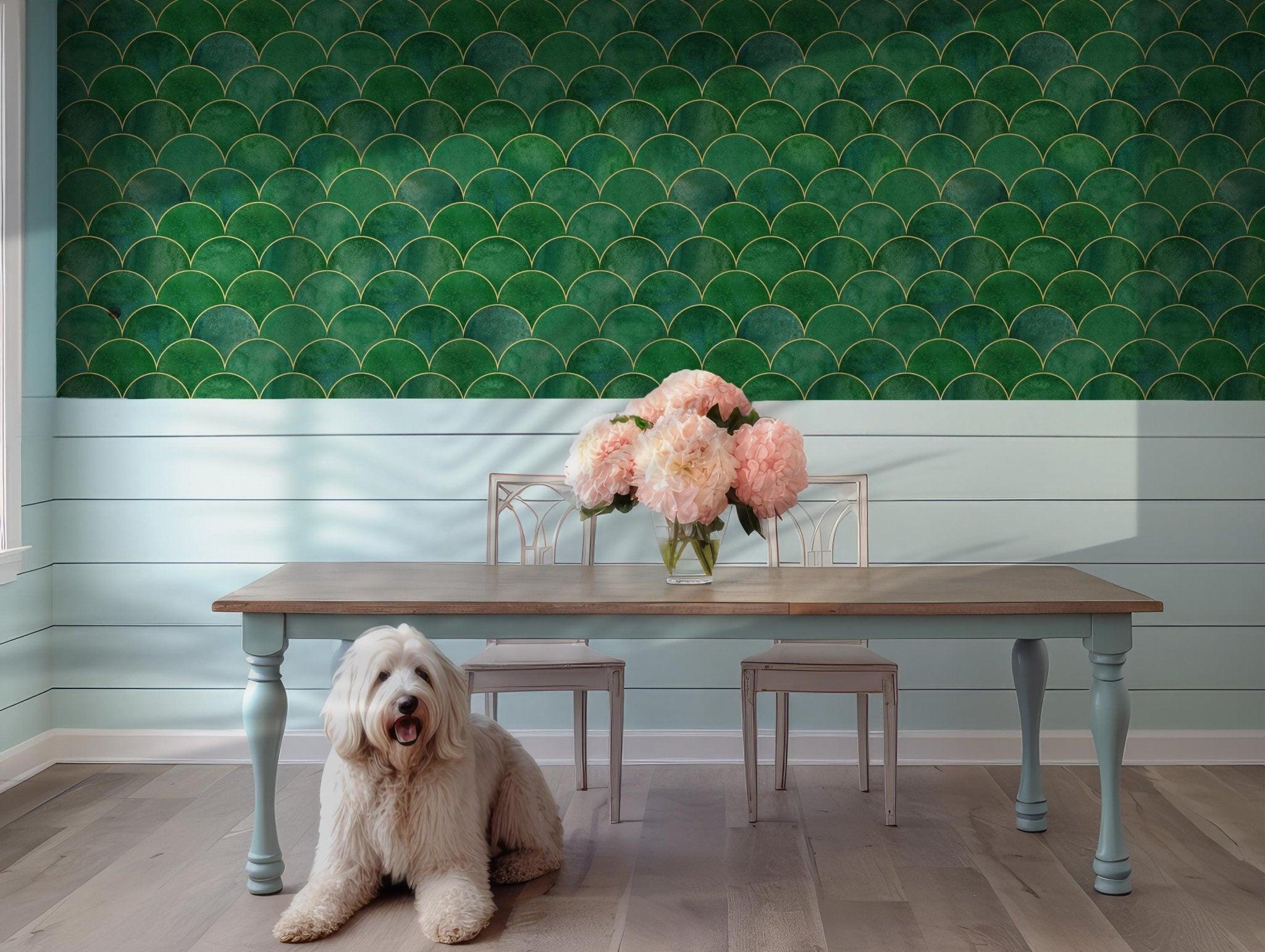 Art Deco Green Wallpaper - Self Adhesive Peel and Stick - Gold Emerald Scalloped BV261