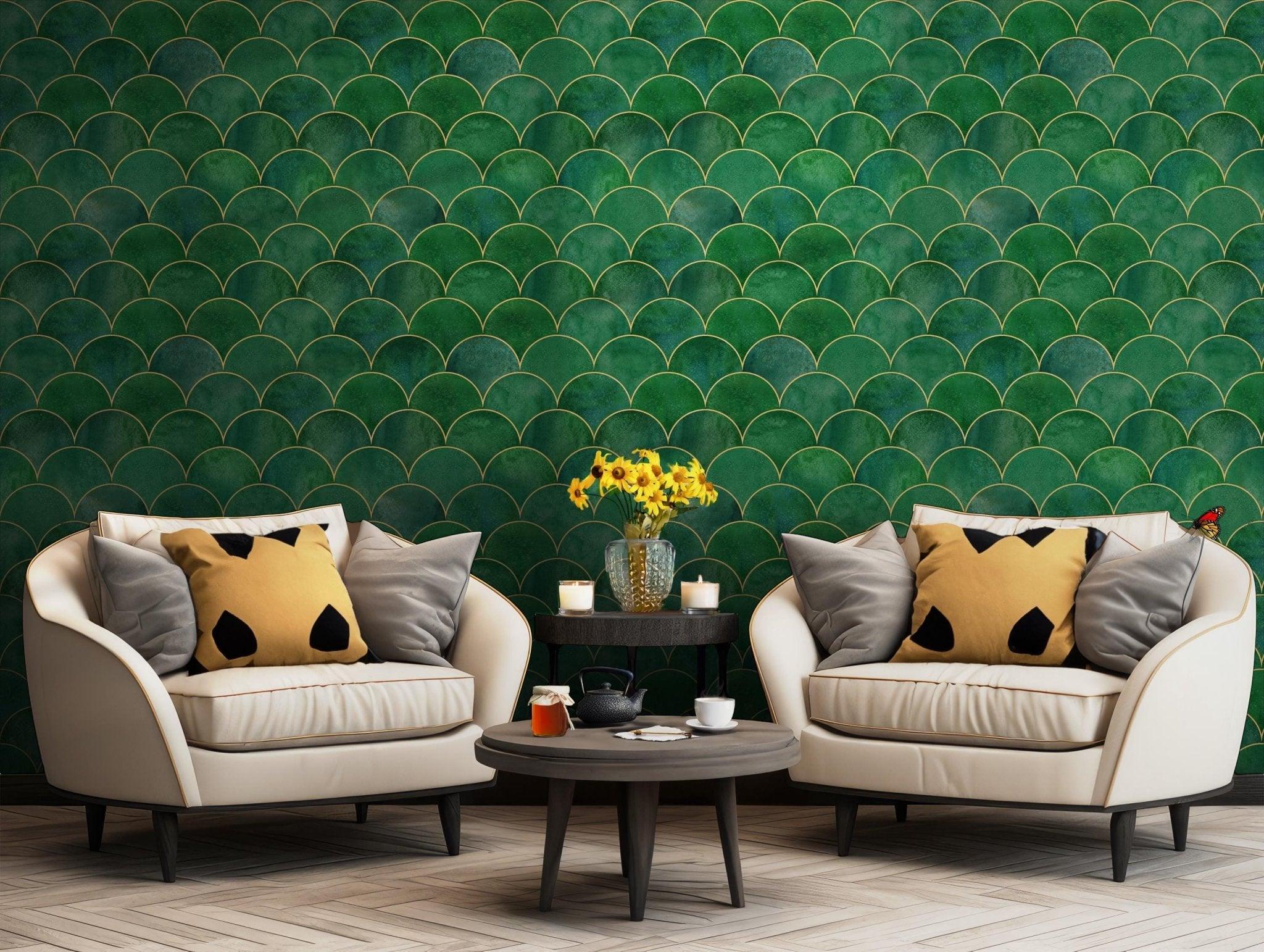 Art Deco Green Wallpaper - Self Adhesive Peel and Stick - Gold Emerald Scalloped BV261