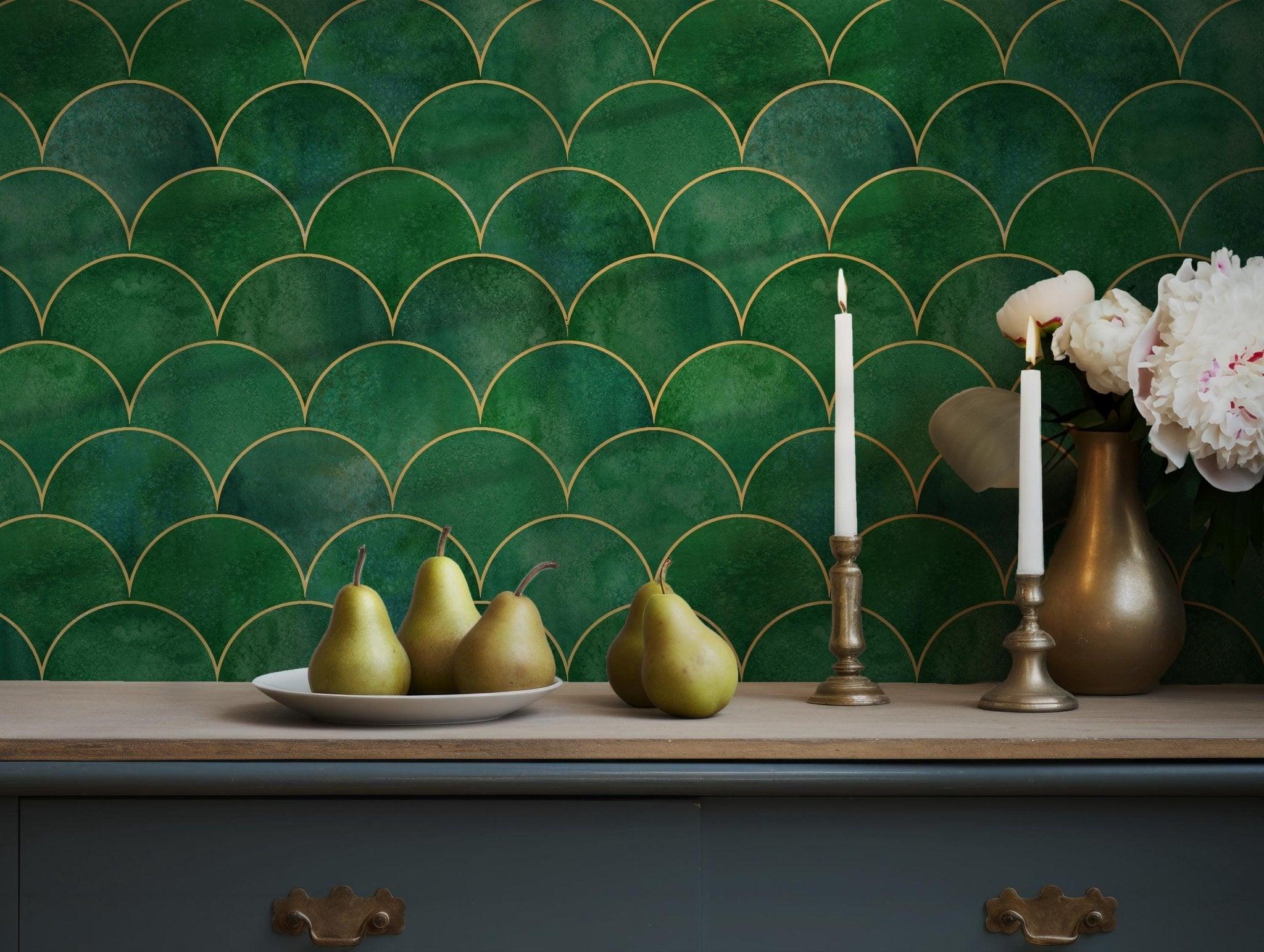 Art Deco Green Wallpaper - Self Adhesive Peel and Stick - Gold Emerald Scalloped BV261