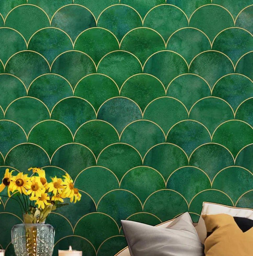 Art Deco Green Wallpaper - Self Adhesive Peel and Stick - Gold Emerald Scalloped BV261