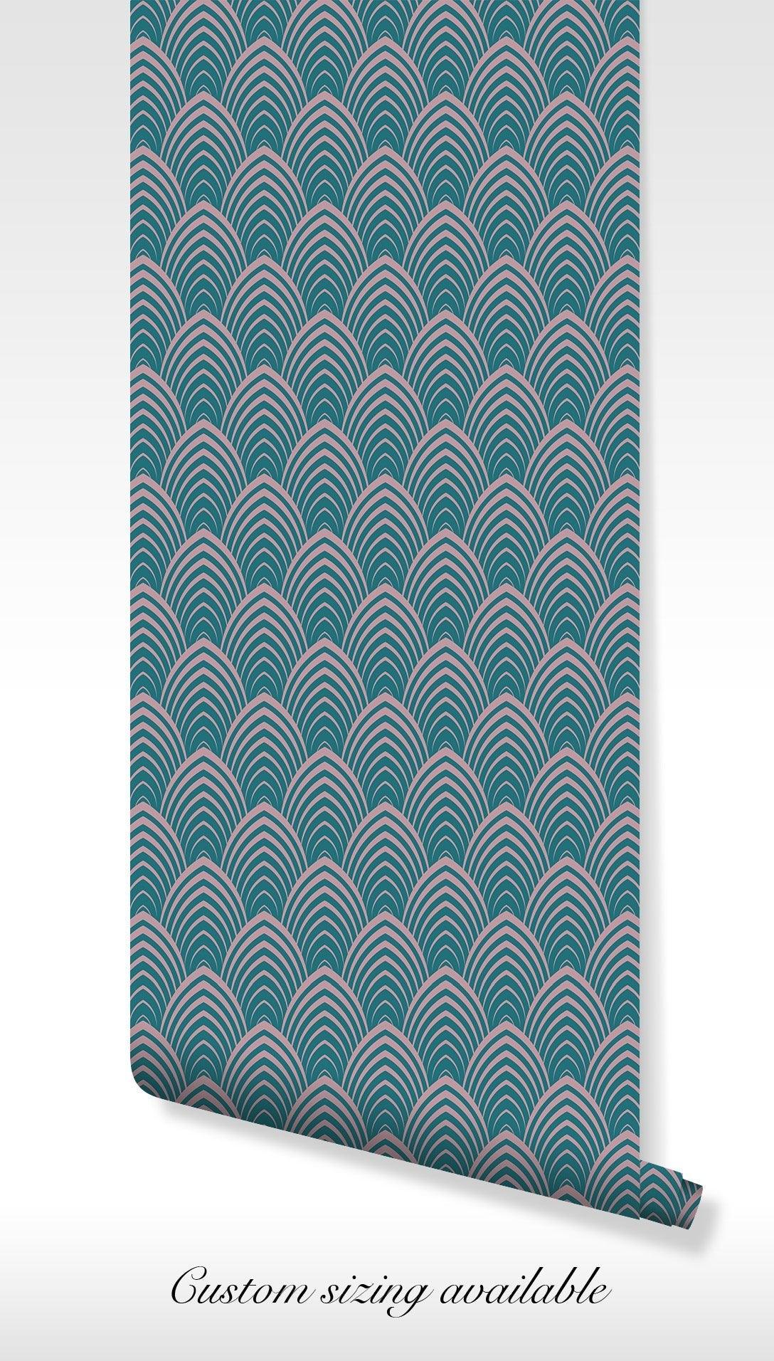 Art Deco Teal and Pink Wallpaper - Self Adhesive Peel and Stick - Fan Elegant BV246
