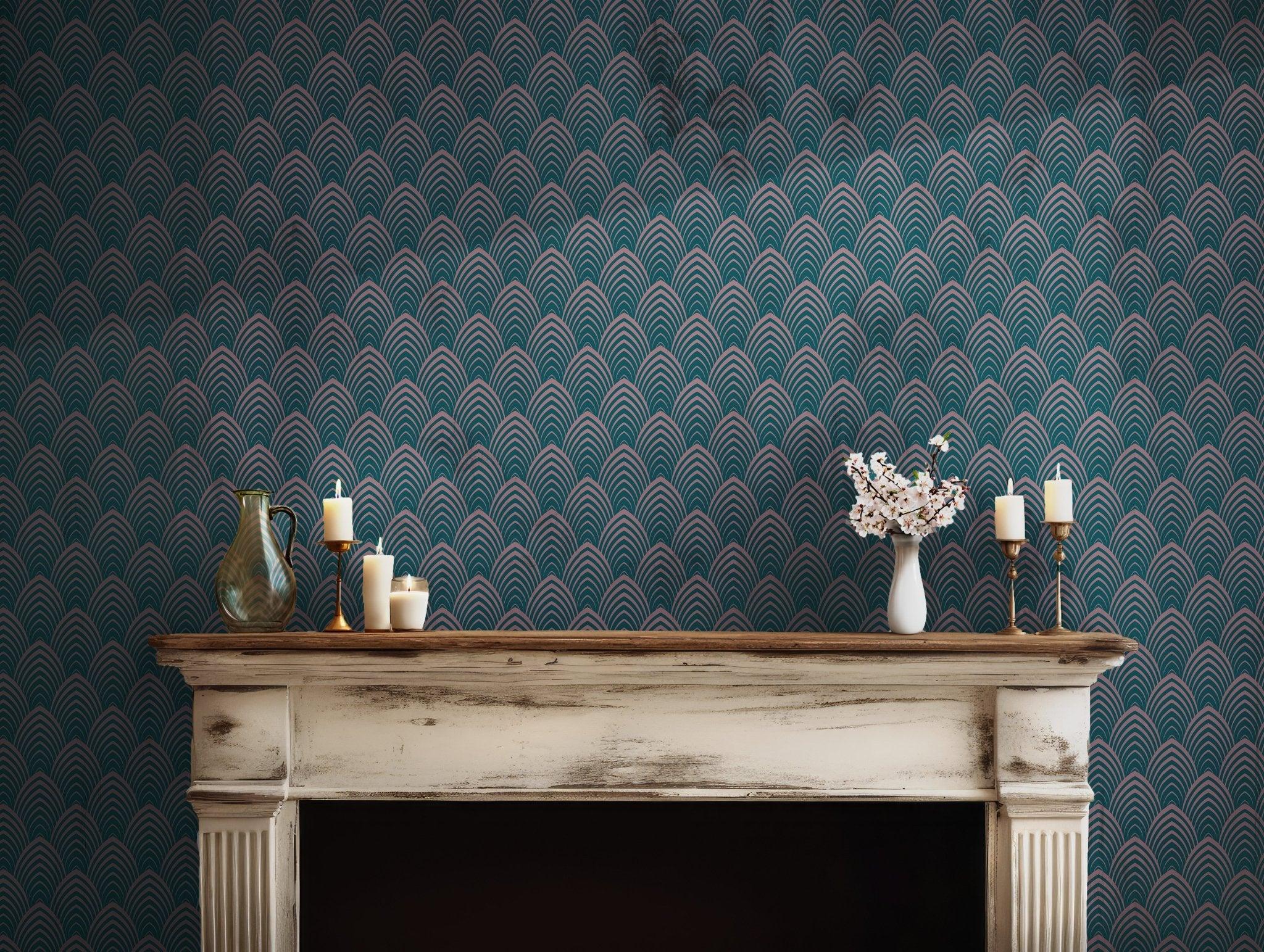 Art Deco Teal and Pink Wallpaper - Self Adhesive Peel and Stick - Fan Elegant BV246