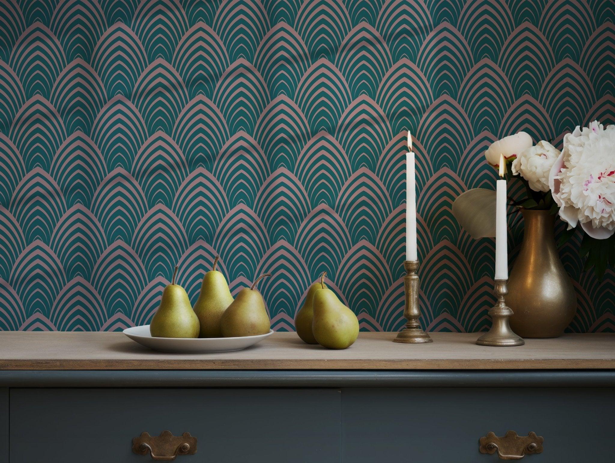 Art Deco Teal and Pink Wallpaper - Self Adhesive Peel and Stick - Fan Elegant BV246
