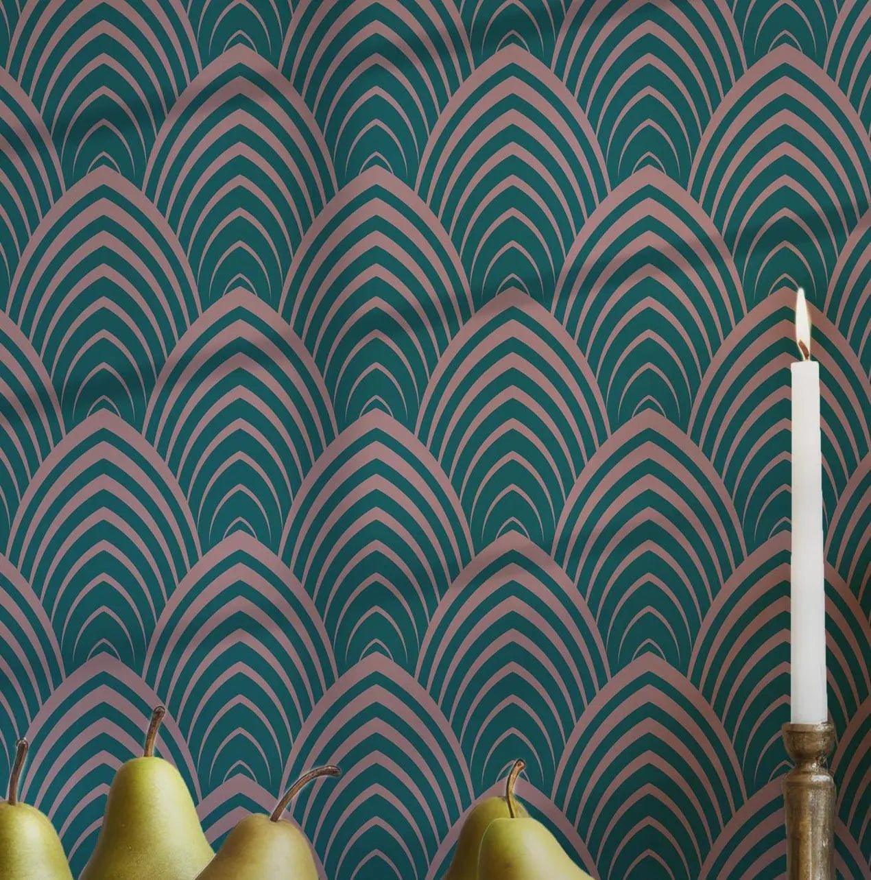 Art Deco Teal and Pink Wallpaper - Self Adhesive Peel and Stick - Fan Elegant BV246