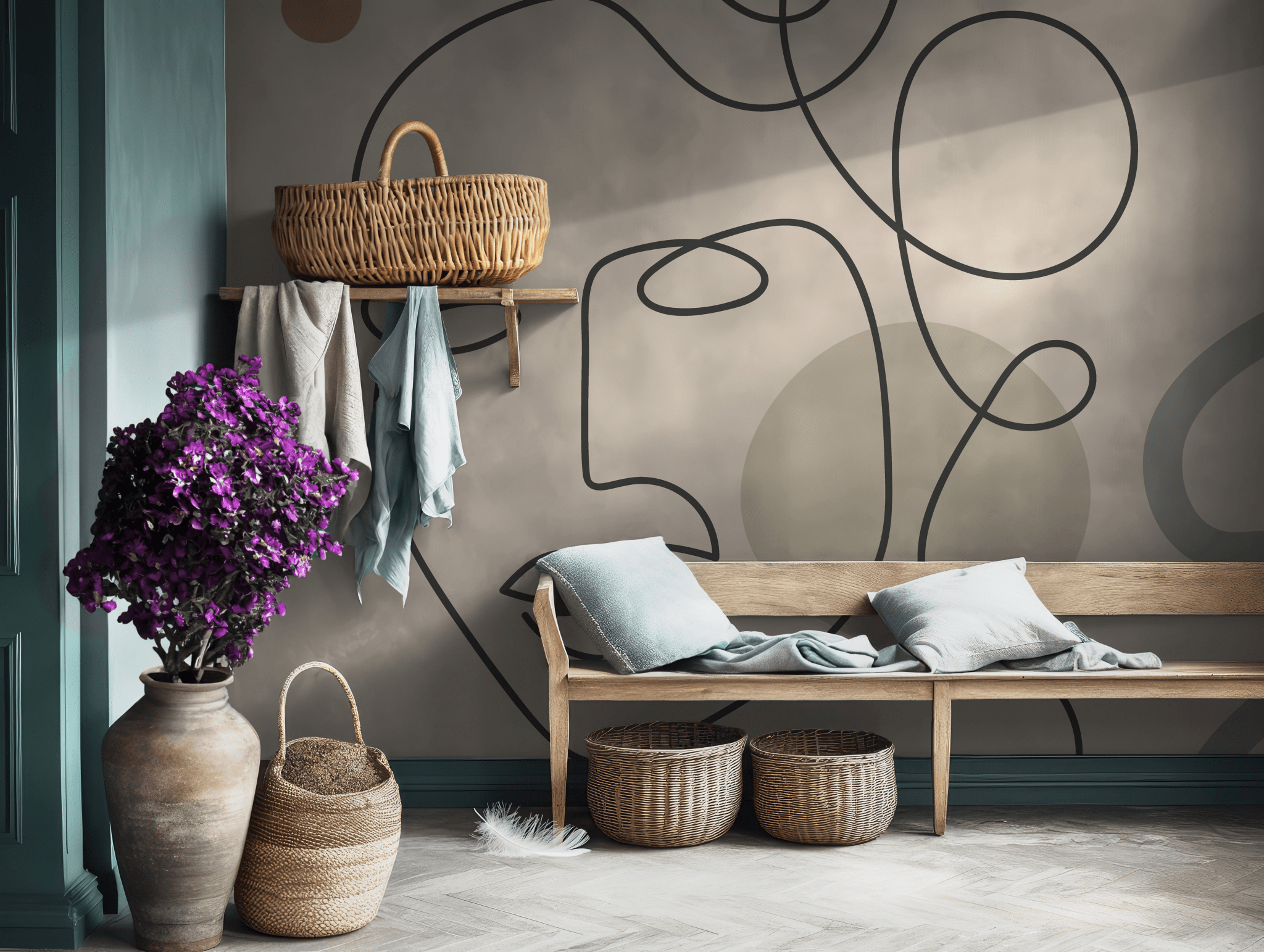Beige and Black Line Art Face Drawing Neutral Self Adhesive Peel and Stick Wall Mural Minimalist Abstract Modern One Line Portrait Aesthetic BV310
