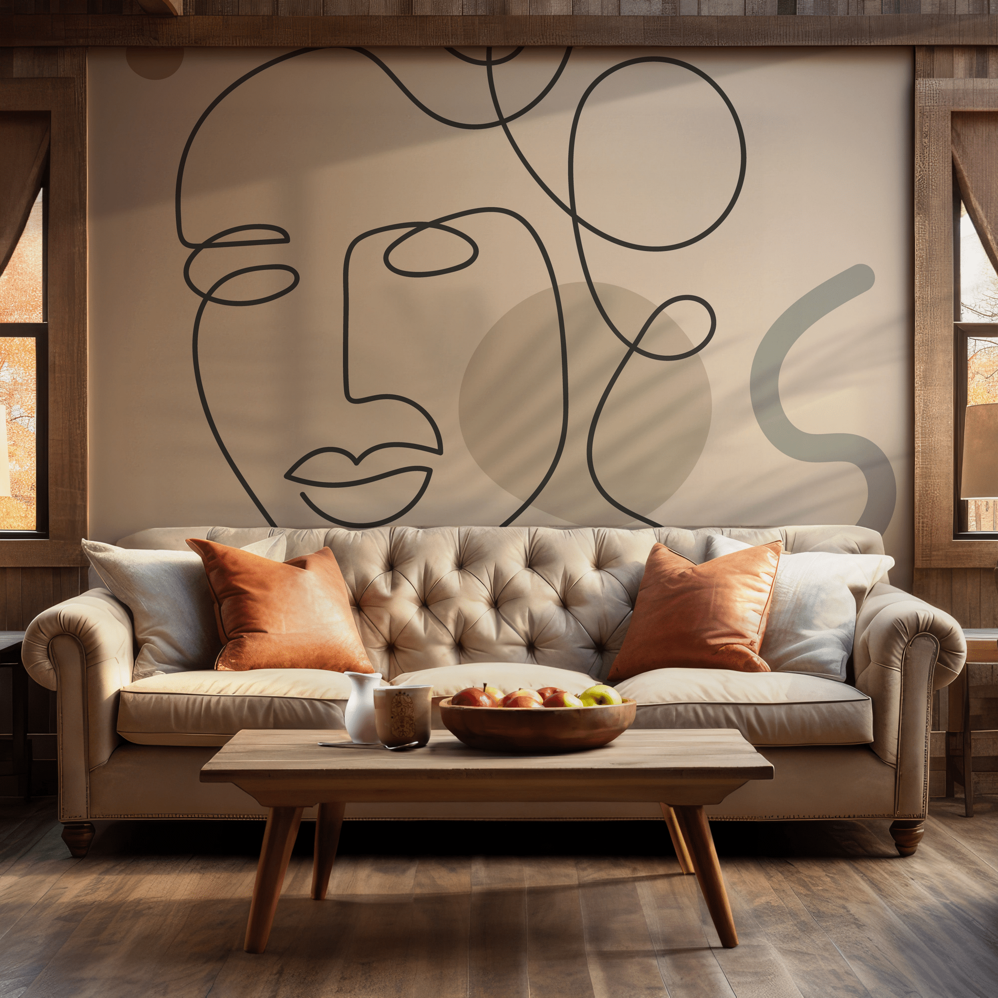 Beige and Black Line Art Face Drawing Neutral Self Adhesive Peel and Stick Wall Mural Minimalist Abstract Modern One Line Portrait Aesthetic BV310