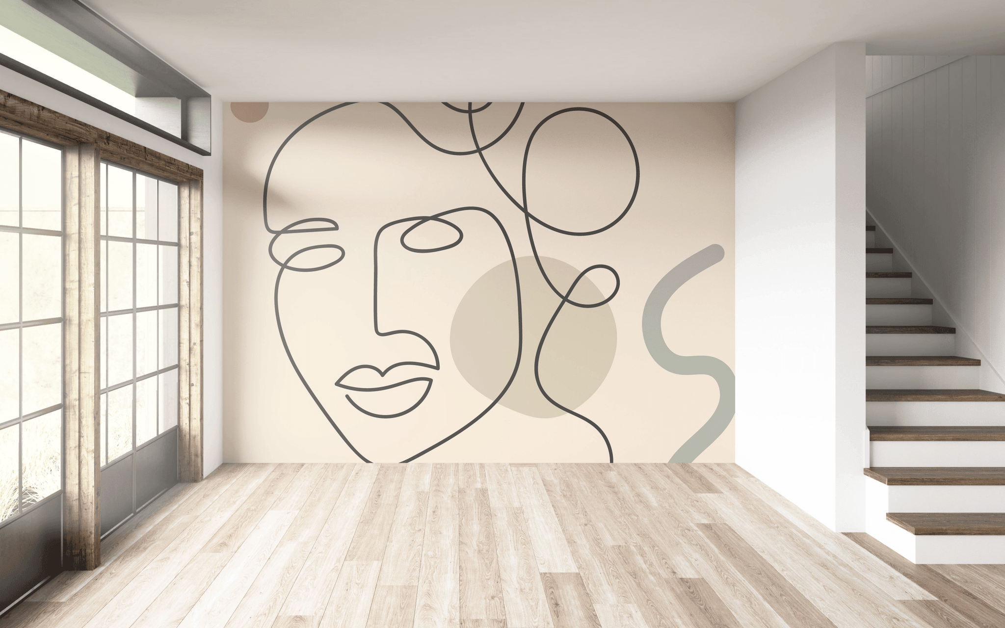 Beige and Black Wallpaper - Self Adhesive Peel and Stick Wall Mural - Line Art Face Neutral BV310