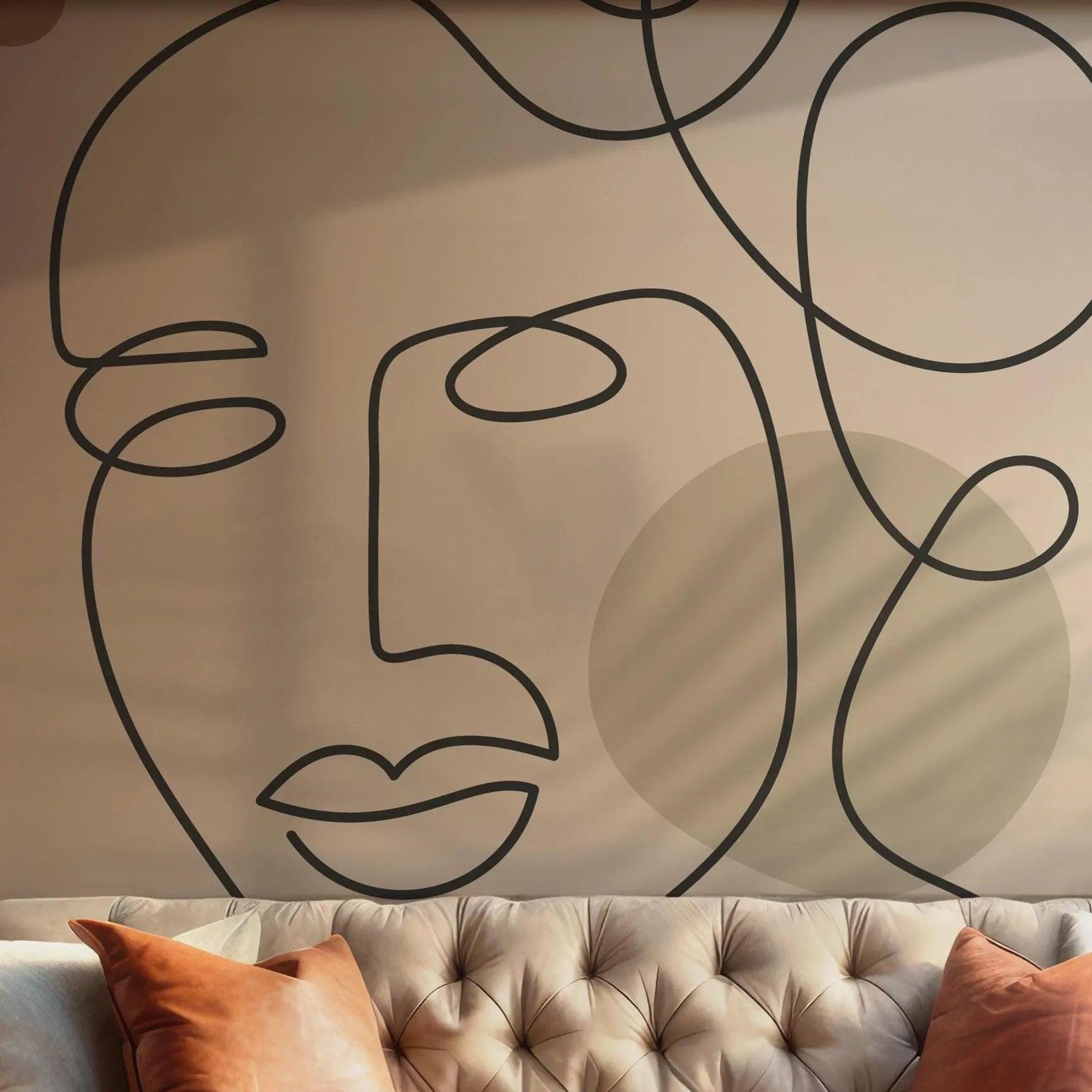 Beige and Black Wallpaper - Self Adhesive Peel and Stick Wall Mural - Line Art Face Neutral BV310