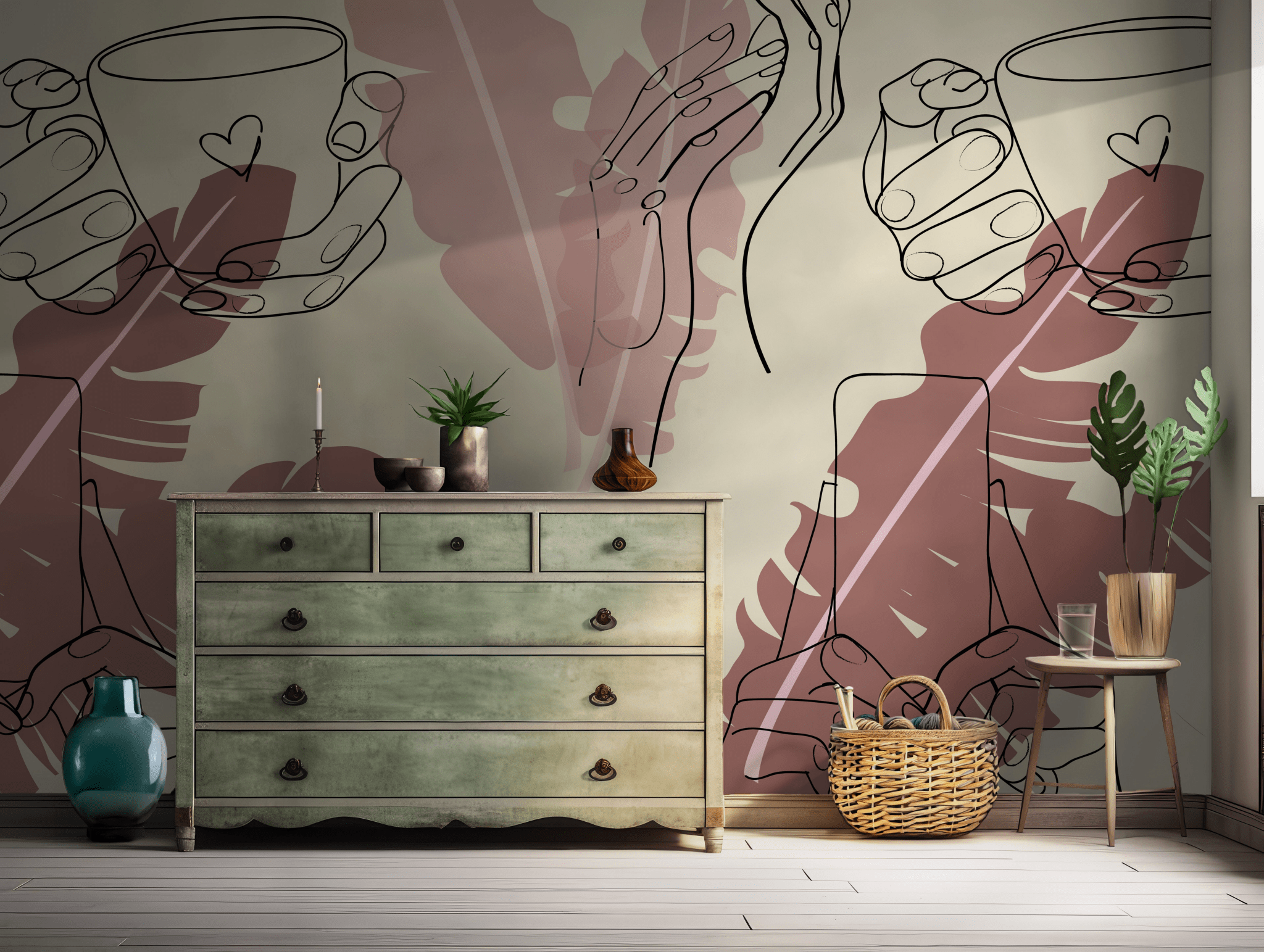 Beige and Brown Leaves Wallpaper - Self Adhesive Wall Mural - Line Art Coffee Shop Tropical BV311