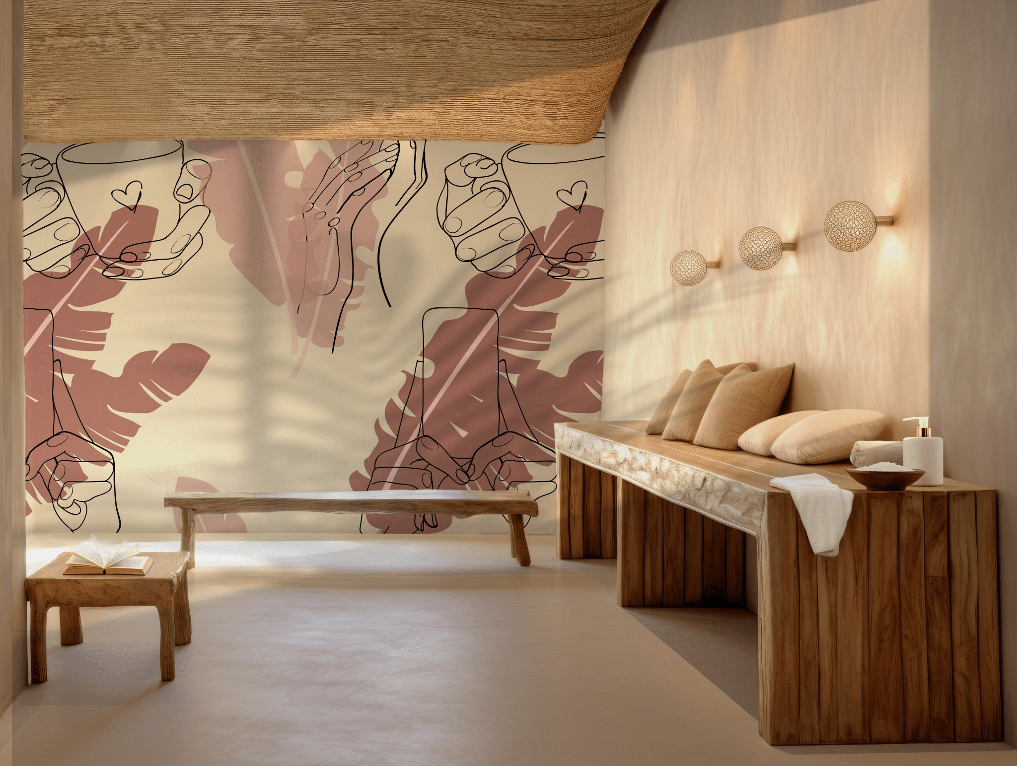Beige and Brown Leaves Wallpaper - Self Adhesive Wall Mural - Line Art Coffee Shop Tropical BV311