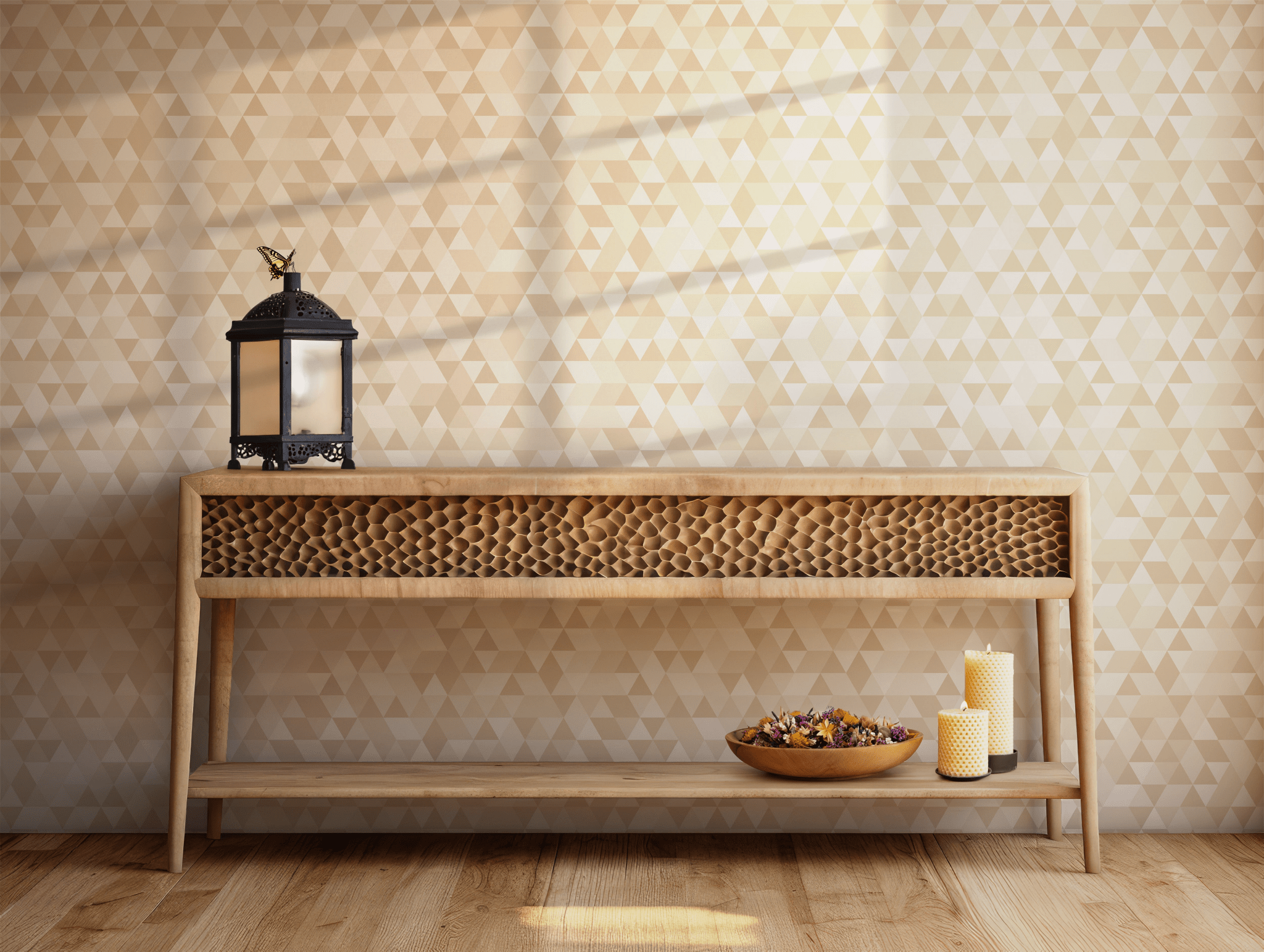 Beige and Cream Triangles Minimalist Geometric Self Adhesive Peel and Stick Wallpaper Style Elegant Neutral Interiors BV346