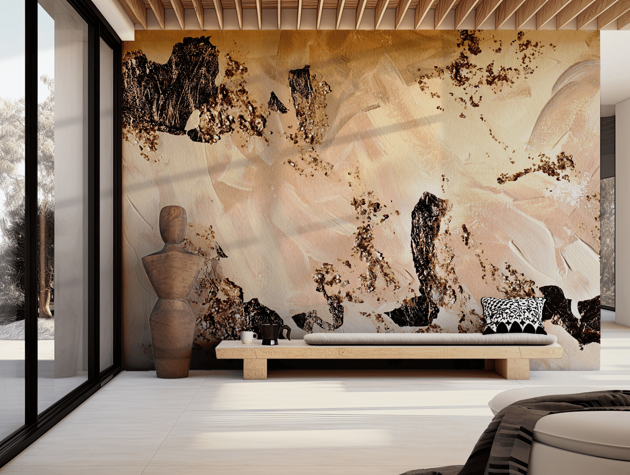 Beige and Gold Wallpaper - Self Adhesive Temporary Wall Mural - Metallic Accents Art BV322