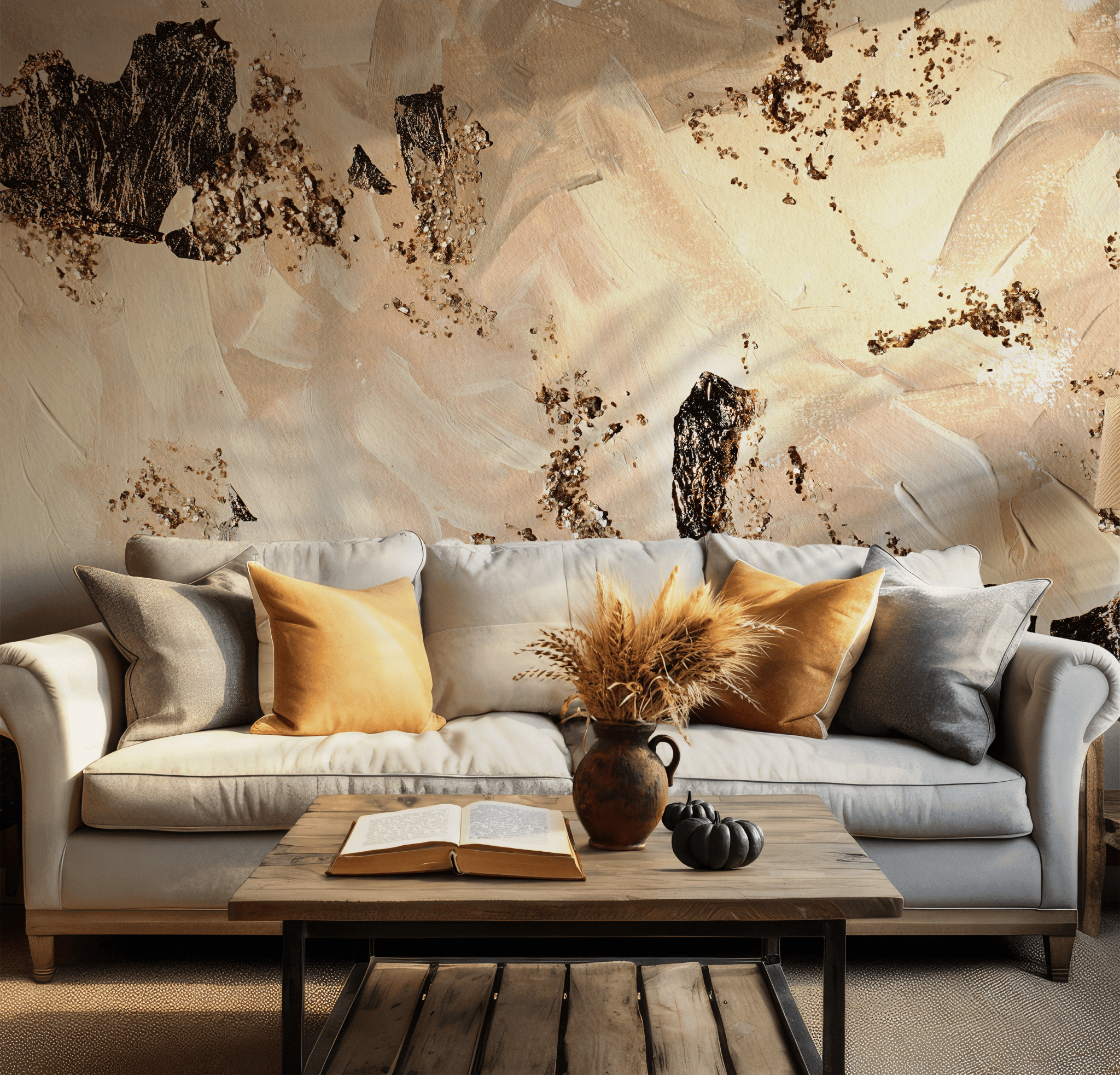 Beige and Gold Wallpaper - Self Adhesive Temporary Wall Mural - Metallic Accents Art BV322