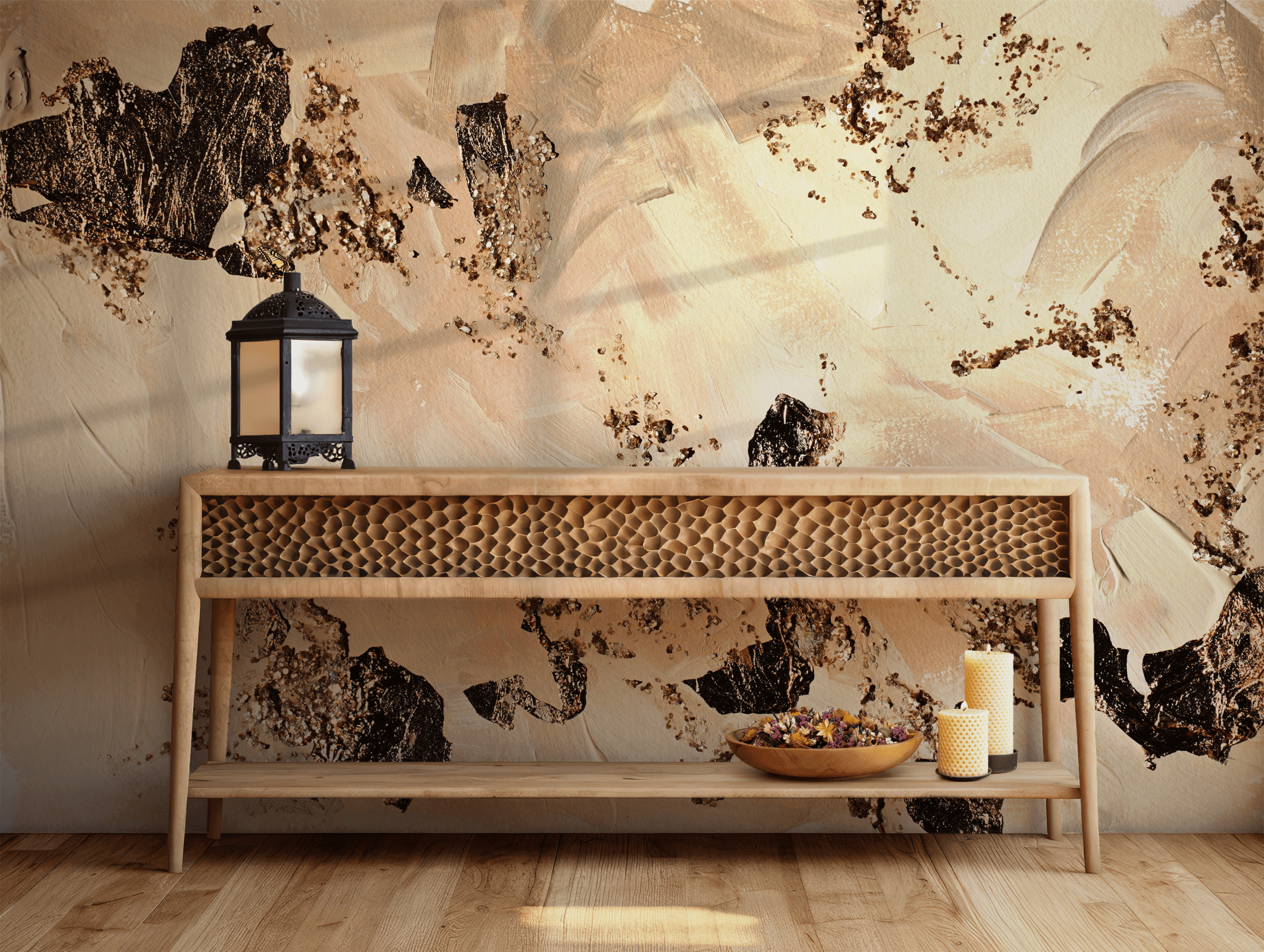 Beige and Gold Wallpaper - Self Adhesive Temporary Wall Mural - Metallic Accents Art BV322