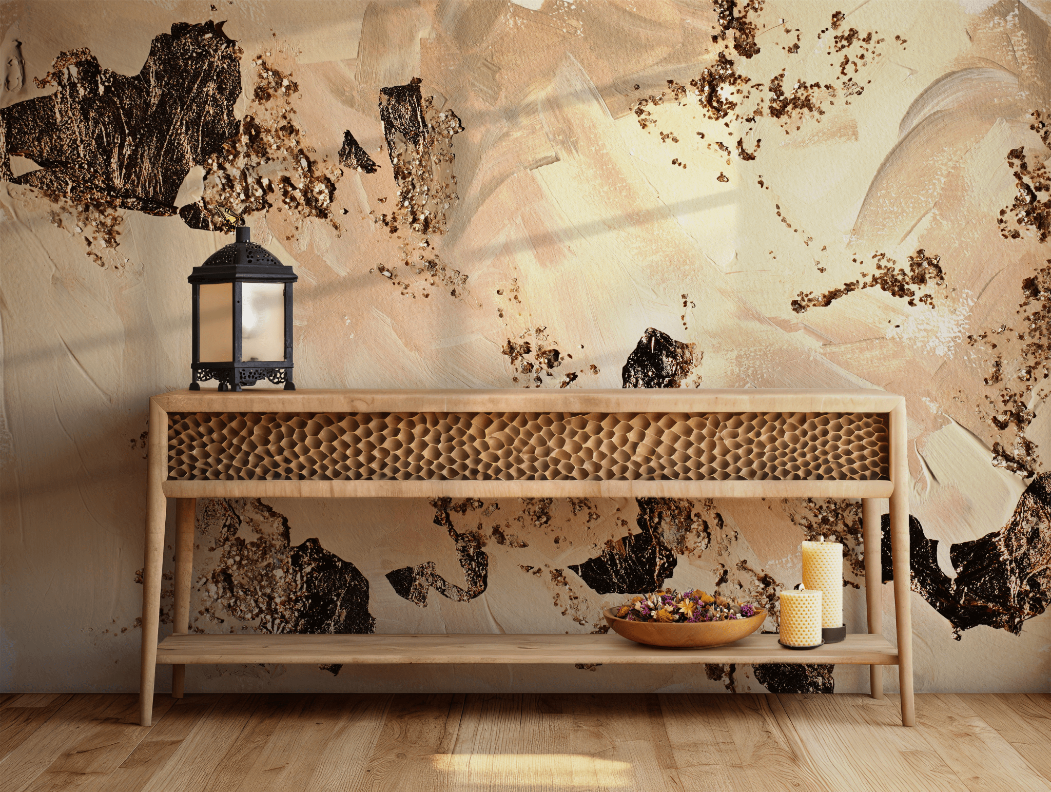 Beige and Gold Wallpaper - Self Adhesive Temporary Wall Mural - Metallic Accents Art BV322