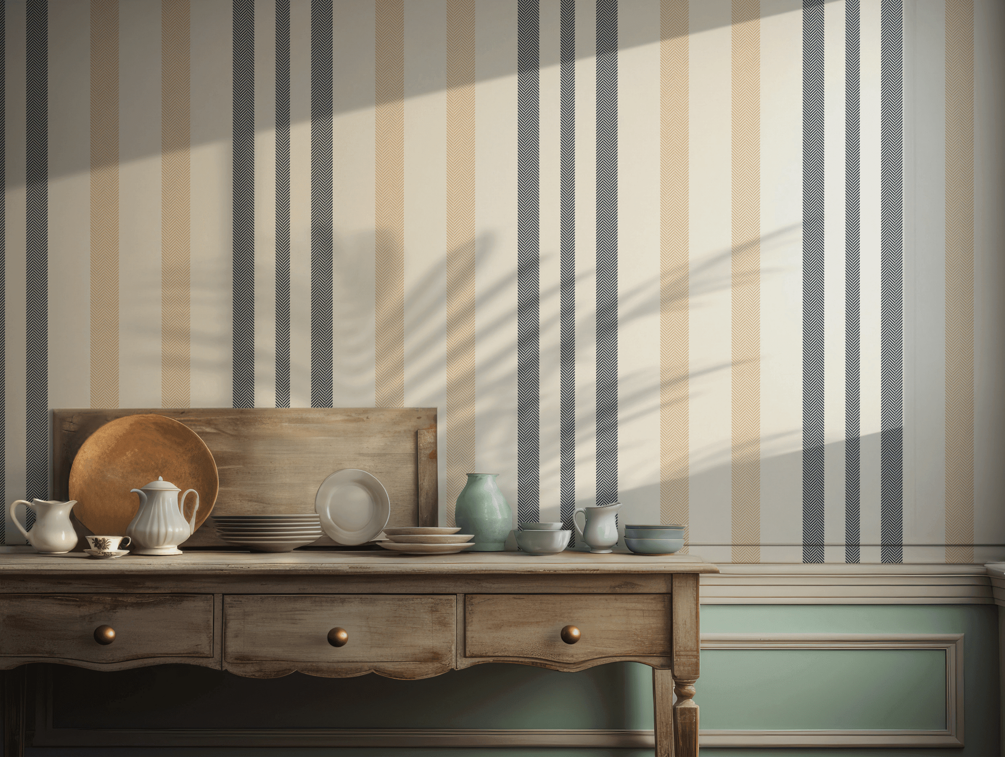 Beige and Navy Striped Wallpaper - Self Adhesive Peel and Stick Wall Mural - Classic Herringbone Texture Vintage BV349