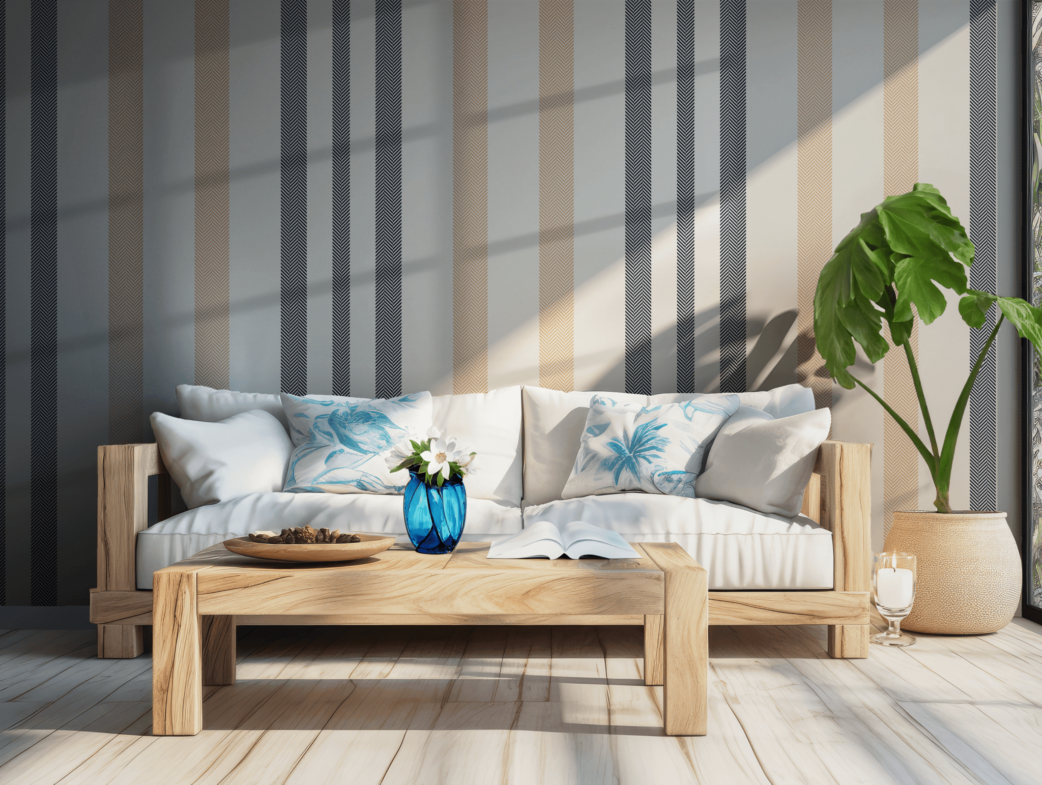 Beige and Navy Striped Wallpaper - Self Adhesive Peel and Stick Wall Mural - Classic Herringbone Texture Vintage BV349