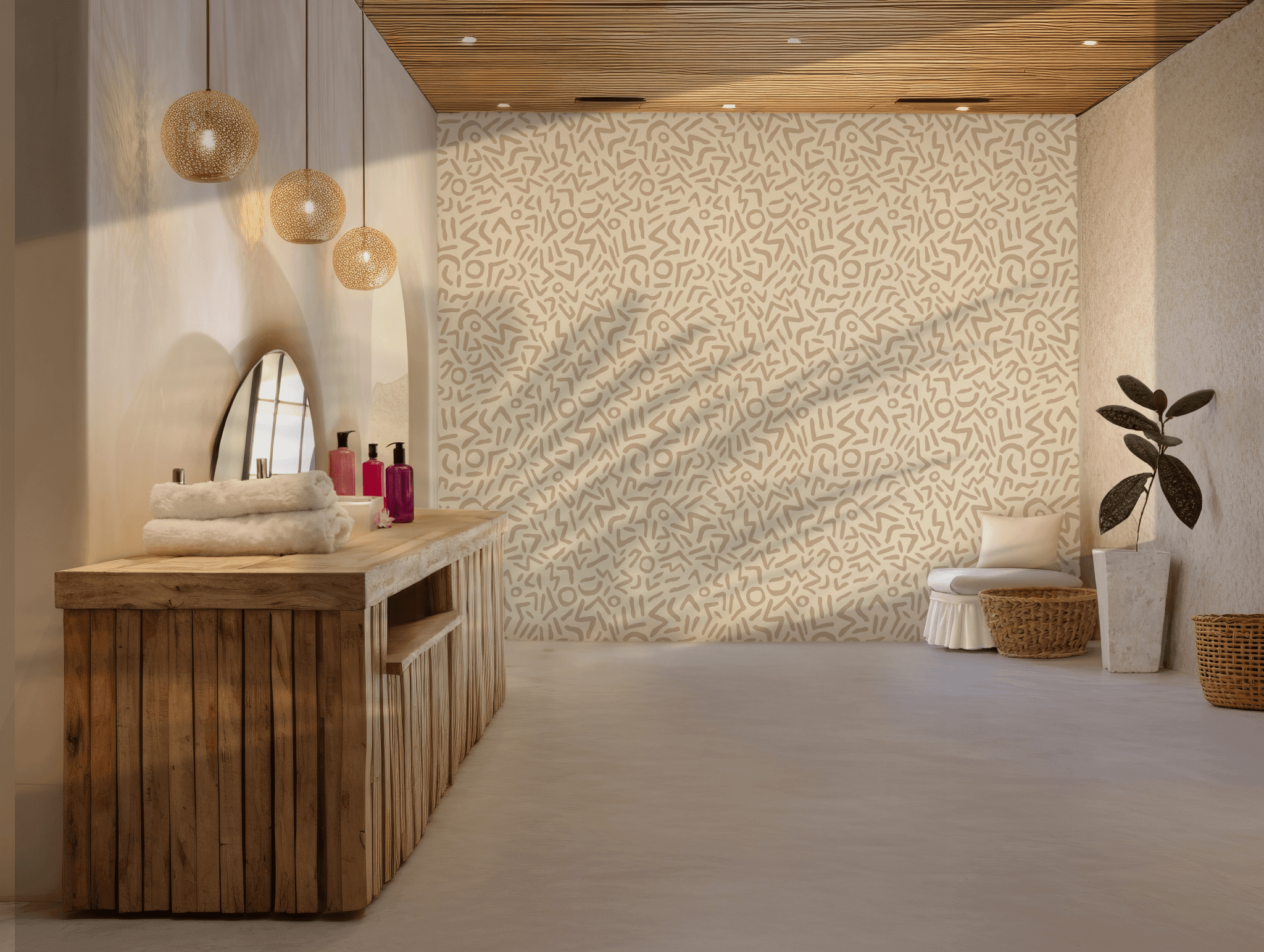 Beige Boho Wallpaper - Self Adhesive Peel and Stick - Abstract Neutral Tones Geometric BV334