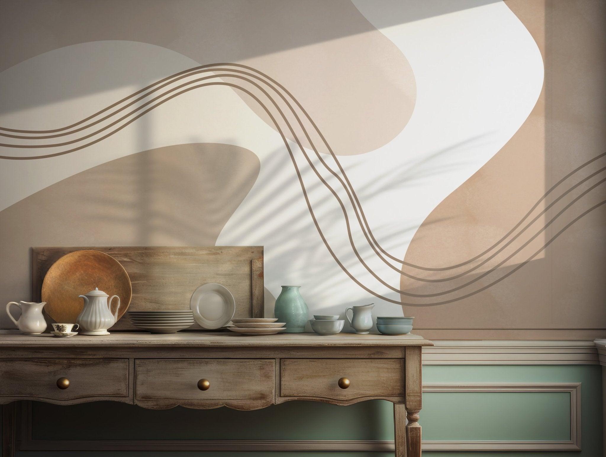 Beige Brown Neutral Wallpaper - Peel and Stick Wall Mural - Abstract Wave Pattern BV293