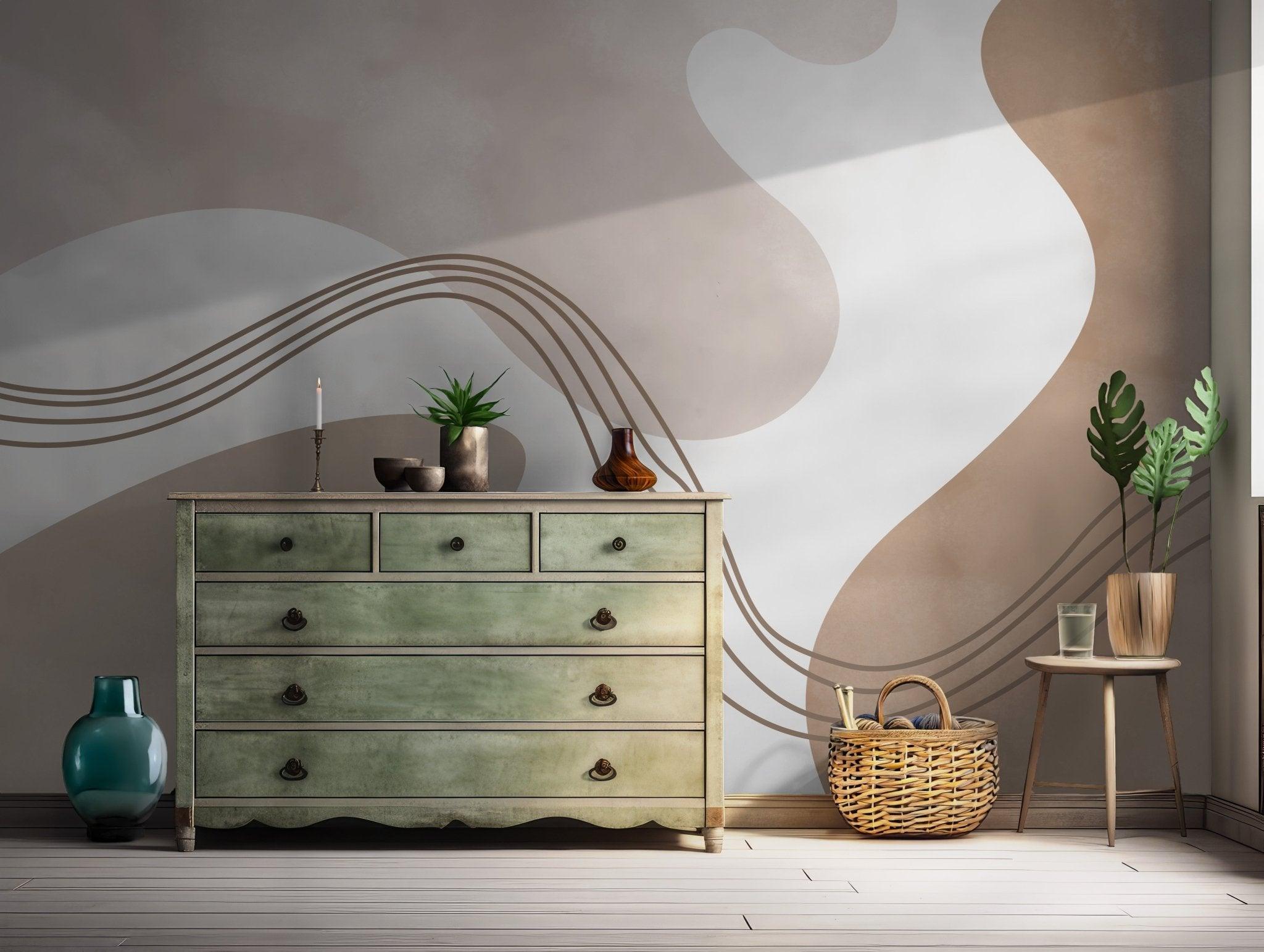Beige Brown Neutral Wallpaper - Peel and Stick Wall Mural - Abstract Wave Pattern BV293