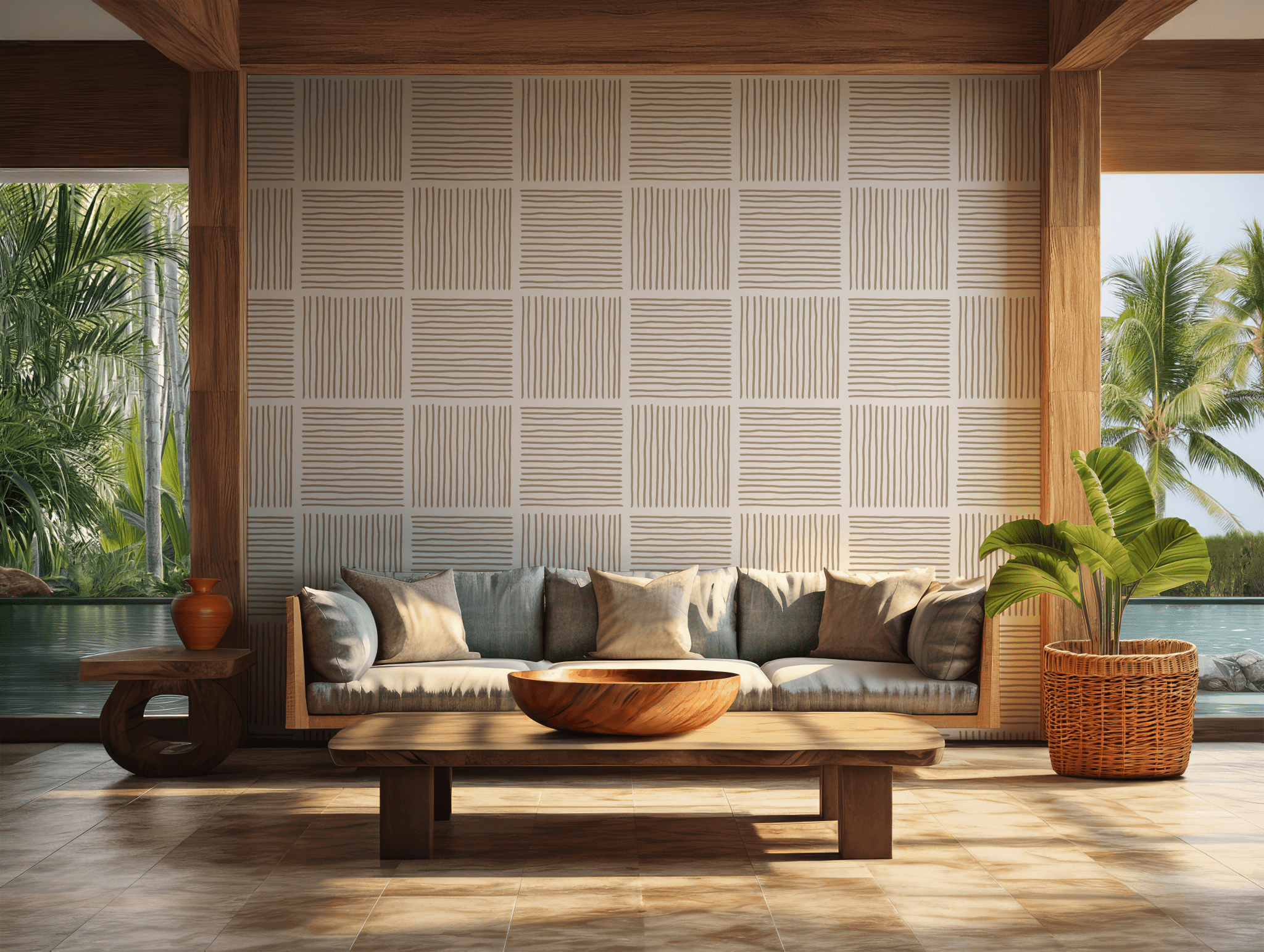 Beige Geometric Line Wallpaper - Removable Peel and Stick - Black Abstract Stripes BV320