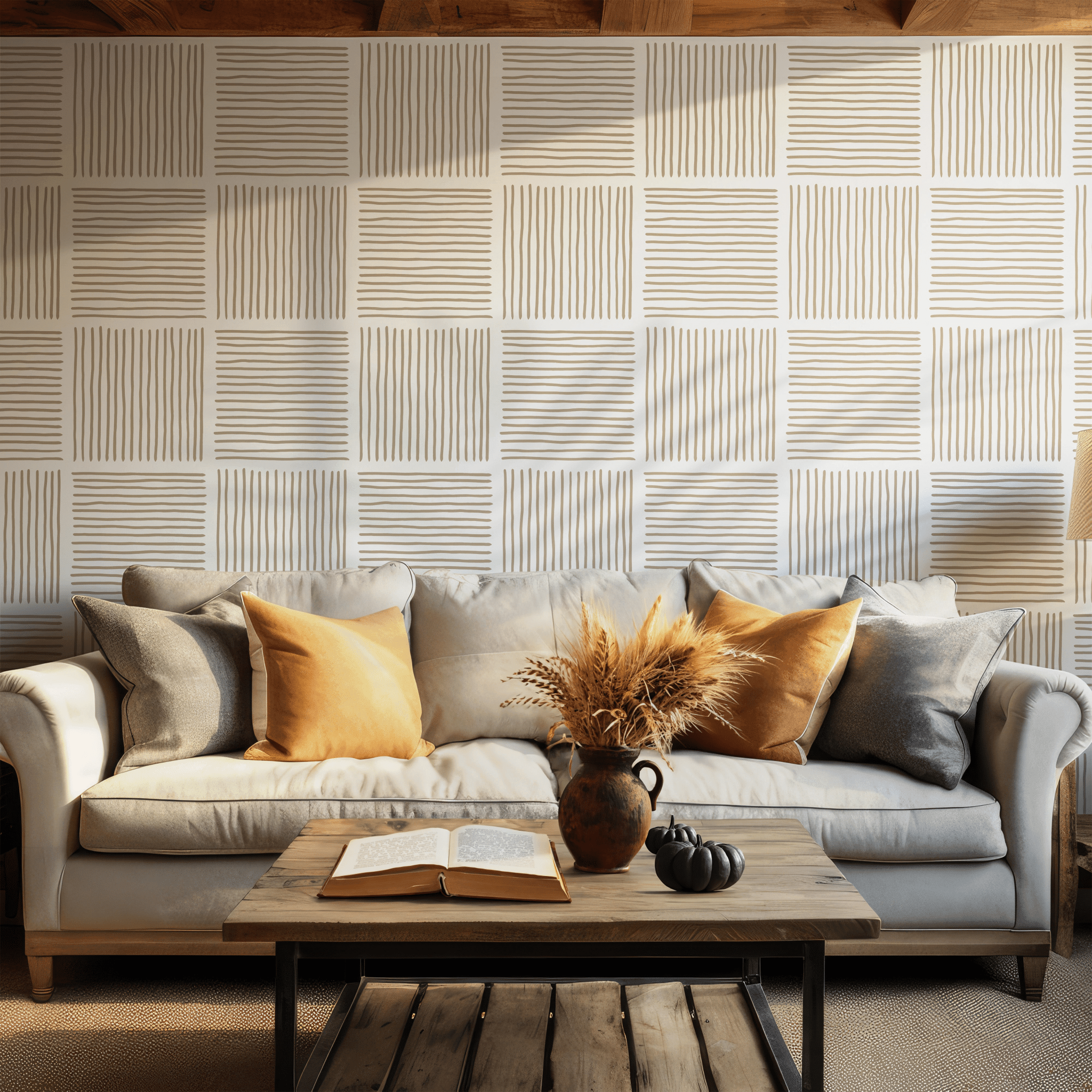 Beige Geometric Line Wallpaper - Removable Peel and Stick - Black Abstract Stripes BV320
