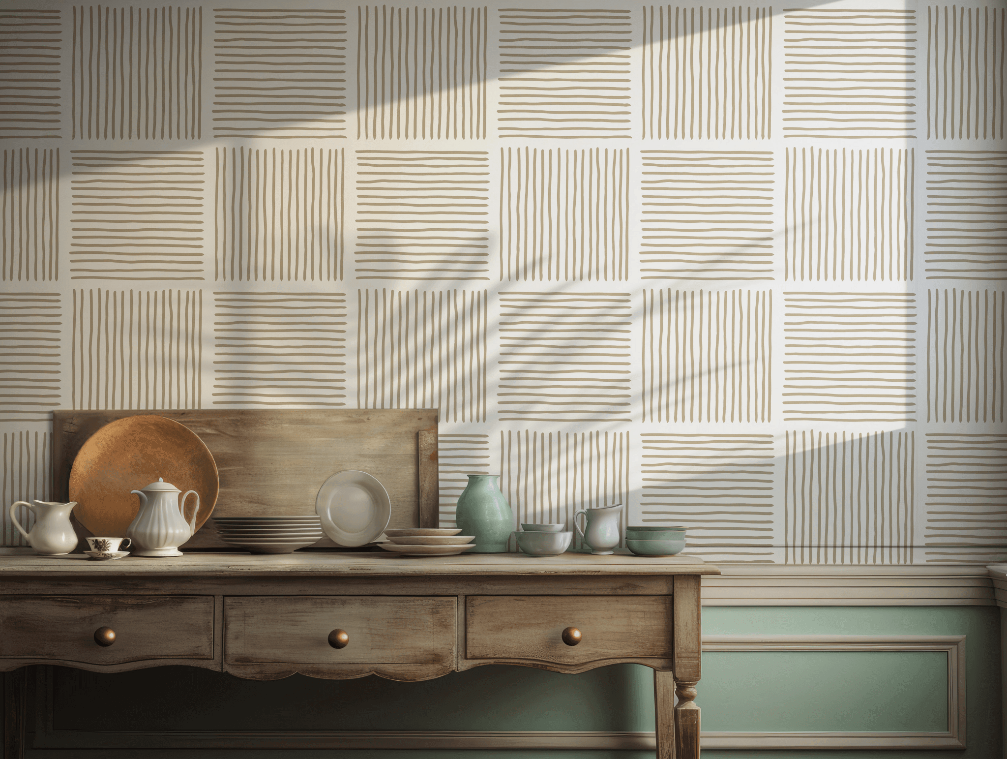 Beige Geometric Line Wallpaper -  Removable Peel and Stick - Black Abstract Stripes BV320