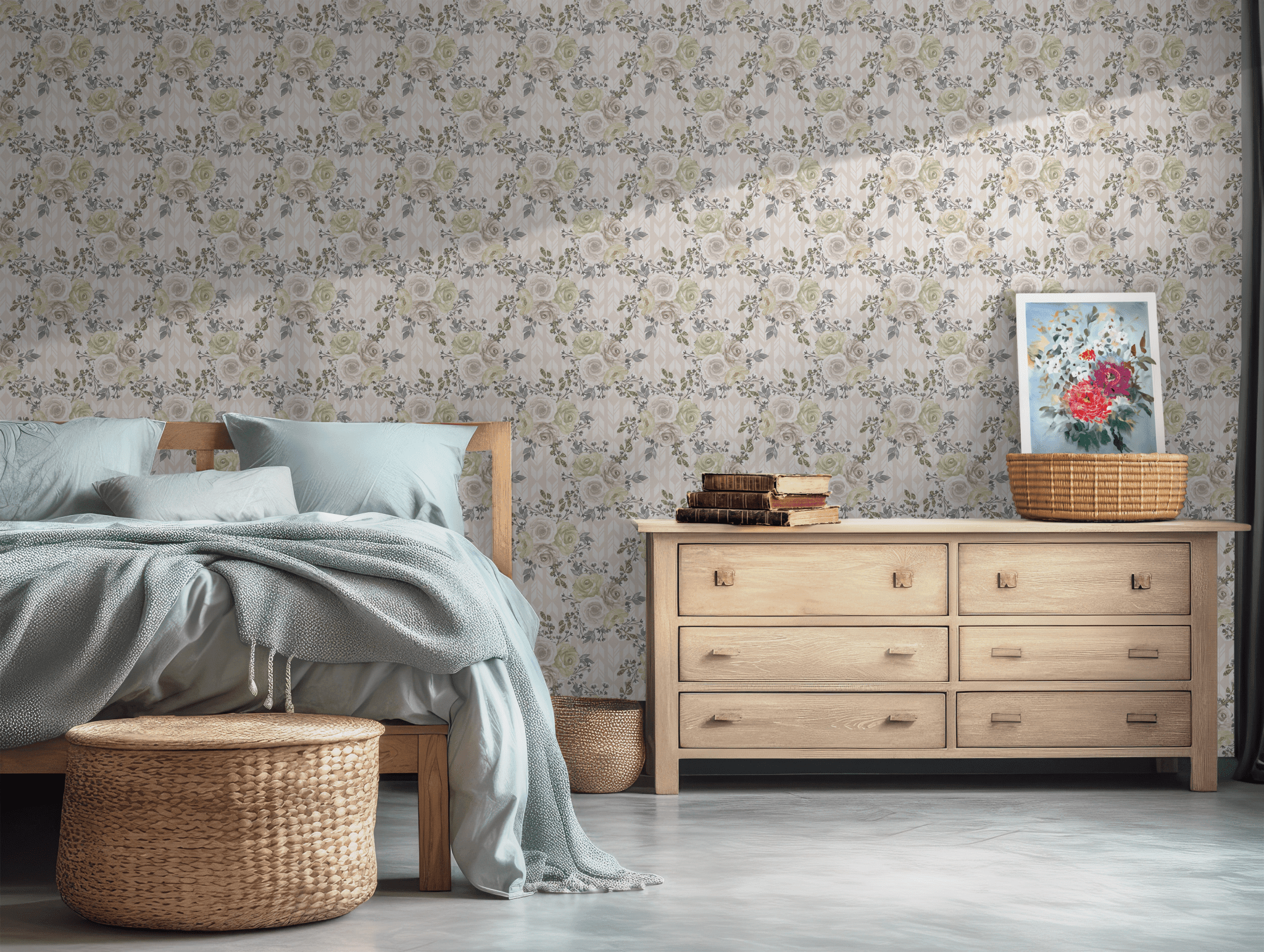Beige Green Roses Wallpaper - Peel and Stick Soft - Vintage Floral Geometric Gray Watercolor BV312