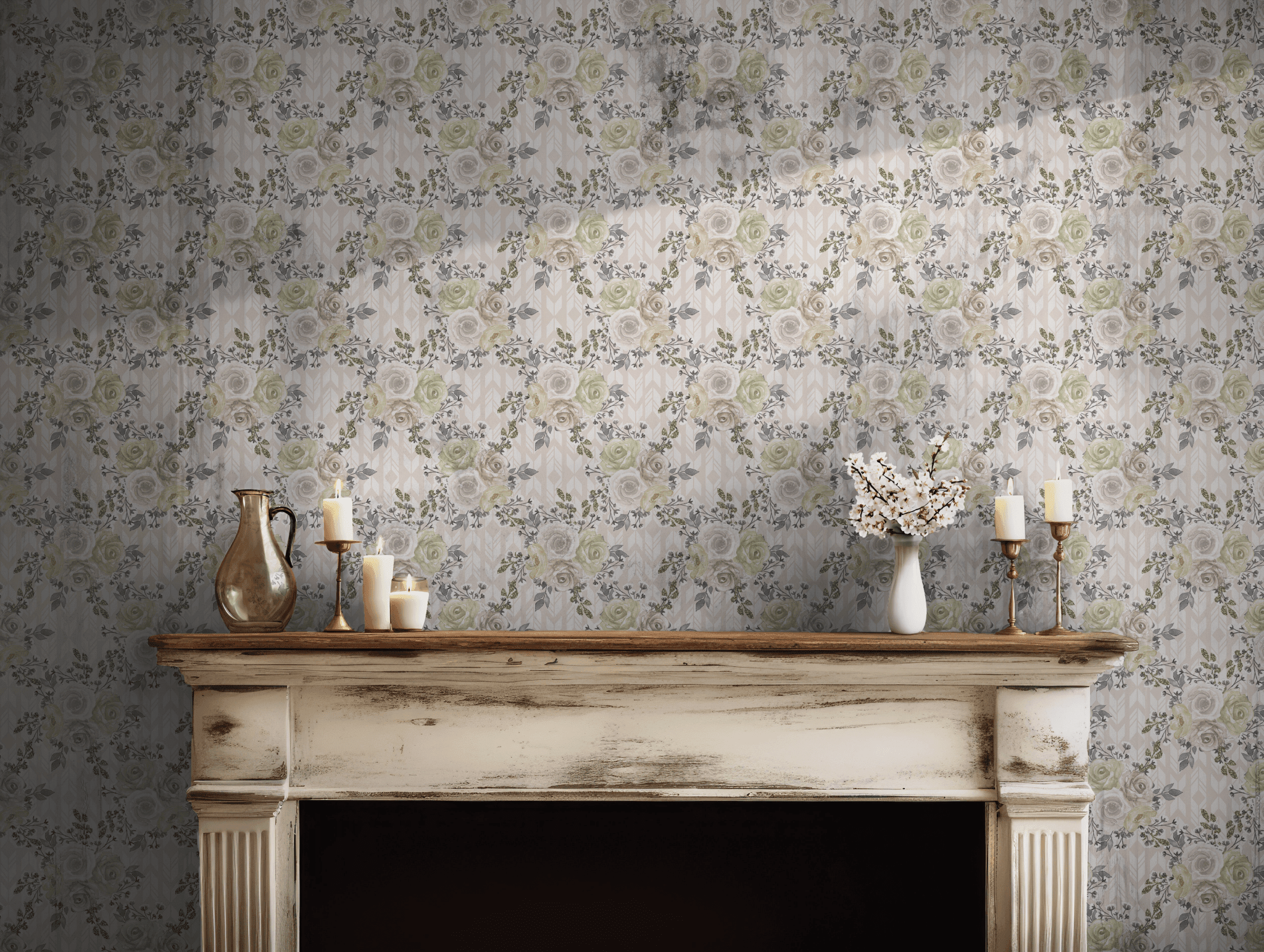 Beige Green Roses Wallpaper - Peel and Stick Soft - Vintage Floral Geometric Gray Watercolor BV312