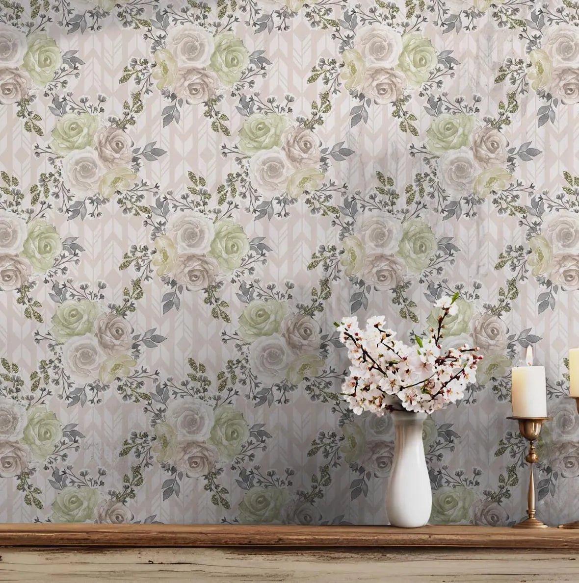 Beige Green Roses Wallpaper - Peel and Stick Soft - Vintage Floral Geometric Gray Watercolor BV312