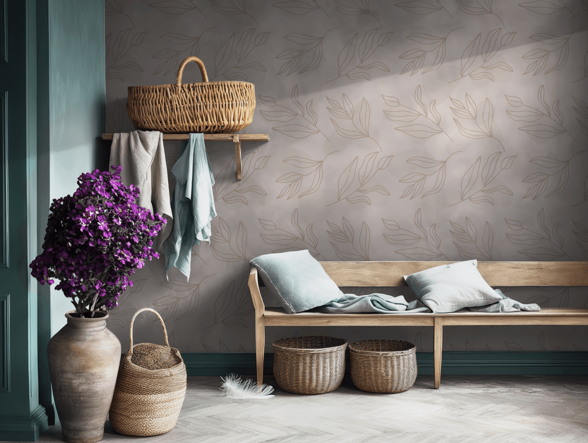Beige Leaf Line Art Wallpaper - Self Adhesive Peel and Stick - Minimalist Soft Neutral Aesthetic BV302