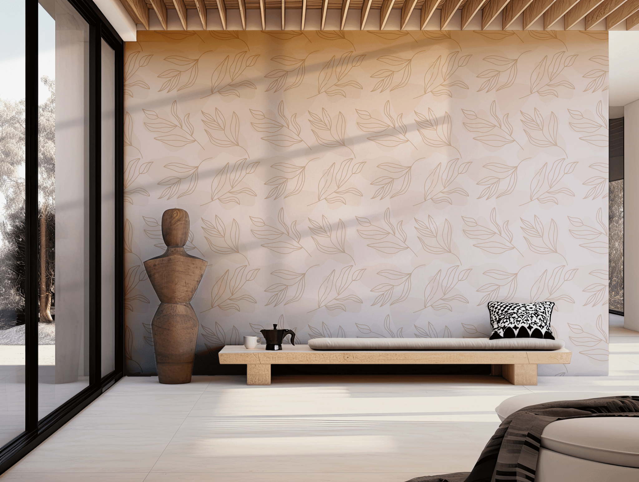 Beige Leaf Line Art Wallpaper - Self Adhesive Peel and Stick - Minimalist Soft Neutral Aesthetic BV302