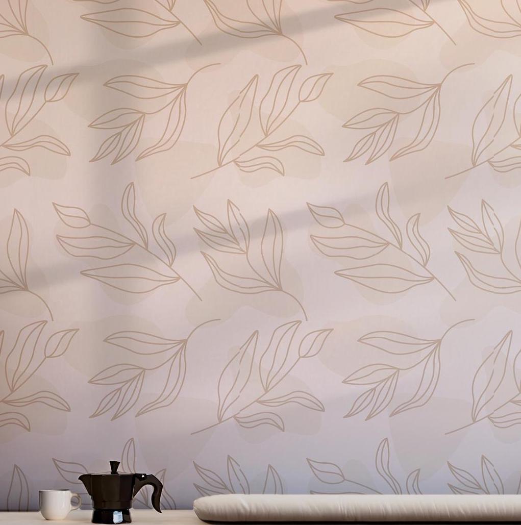 Beige Leaf Line Art Wallpaper - Self Adhesive Peel and Stick - Minimalist Soft Neutral Aesthetic BV302