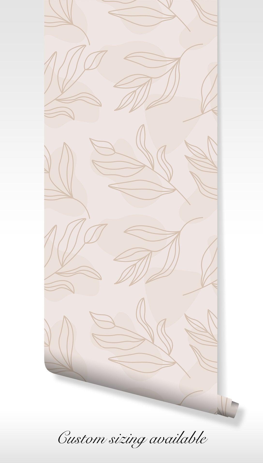 Beige Leaf Line Art Wallpaper - Self Adhesive Peel and Stick - Minimalist Soft Neutral Aesthetic BV302