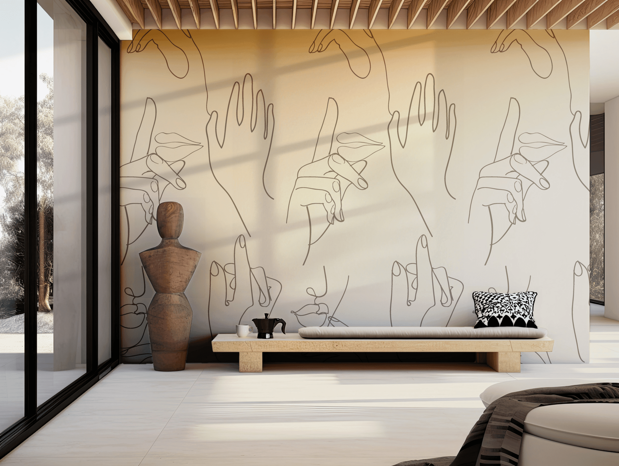 Beige Minimalist Wallpaper - Peel and Stick Wall Mural - Line Art Abstract Feminine Touch BV33