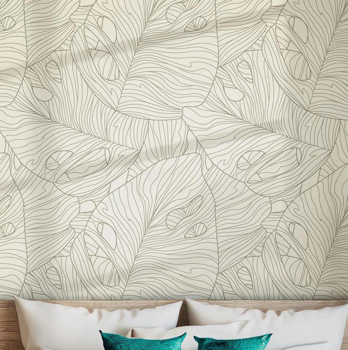 Beige Monstera Leaf Wallpaper - Self Adhesive Wall Mural - Line Art Tropical Botanical Nature BV331