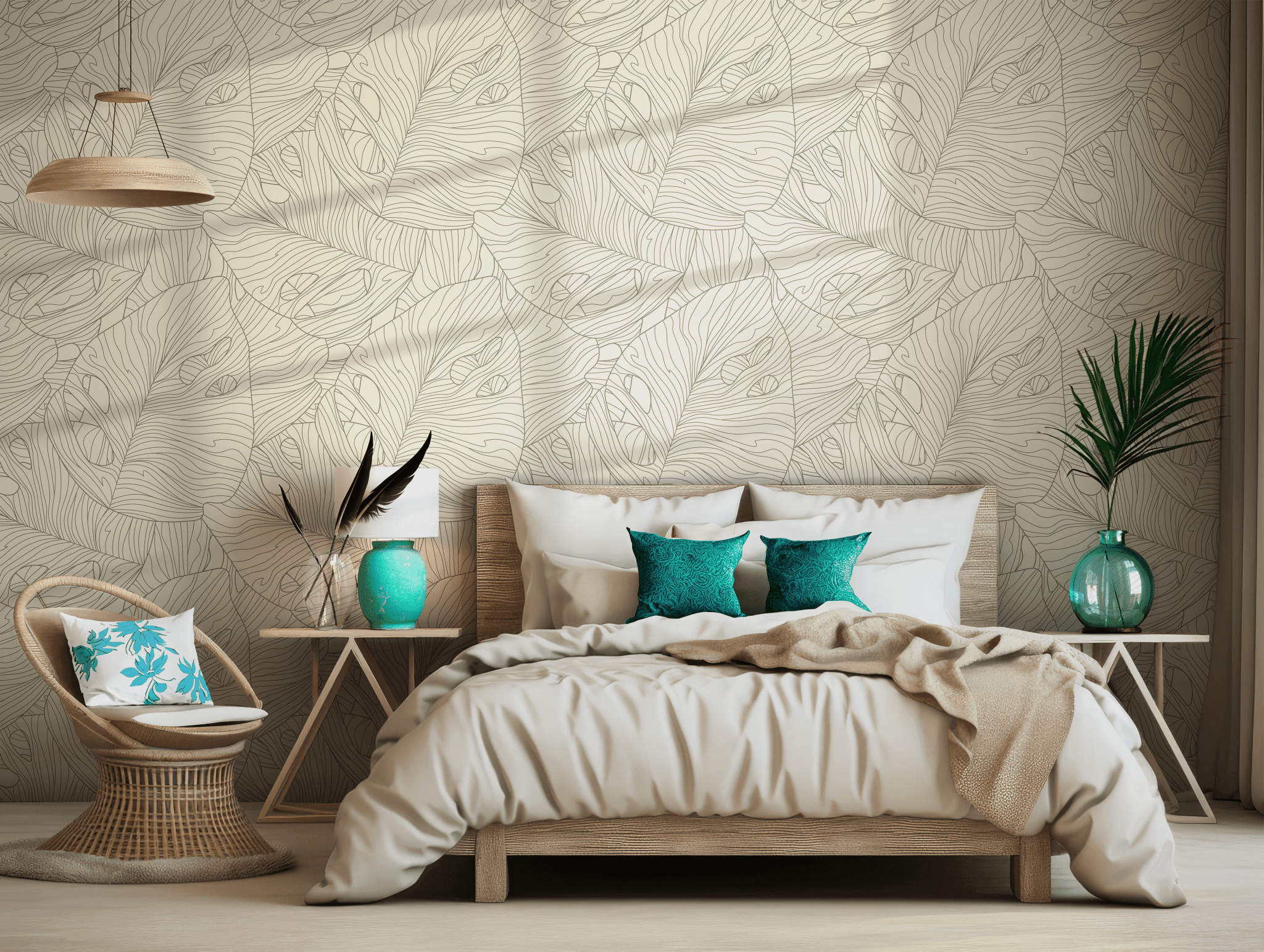 Beige Monstera Leaf Wallpaper - Self Adhesive Wall Mural - Line Art Tropical Botanical Nature BV331